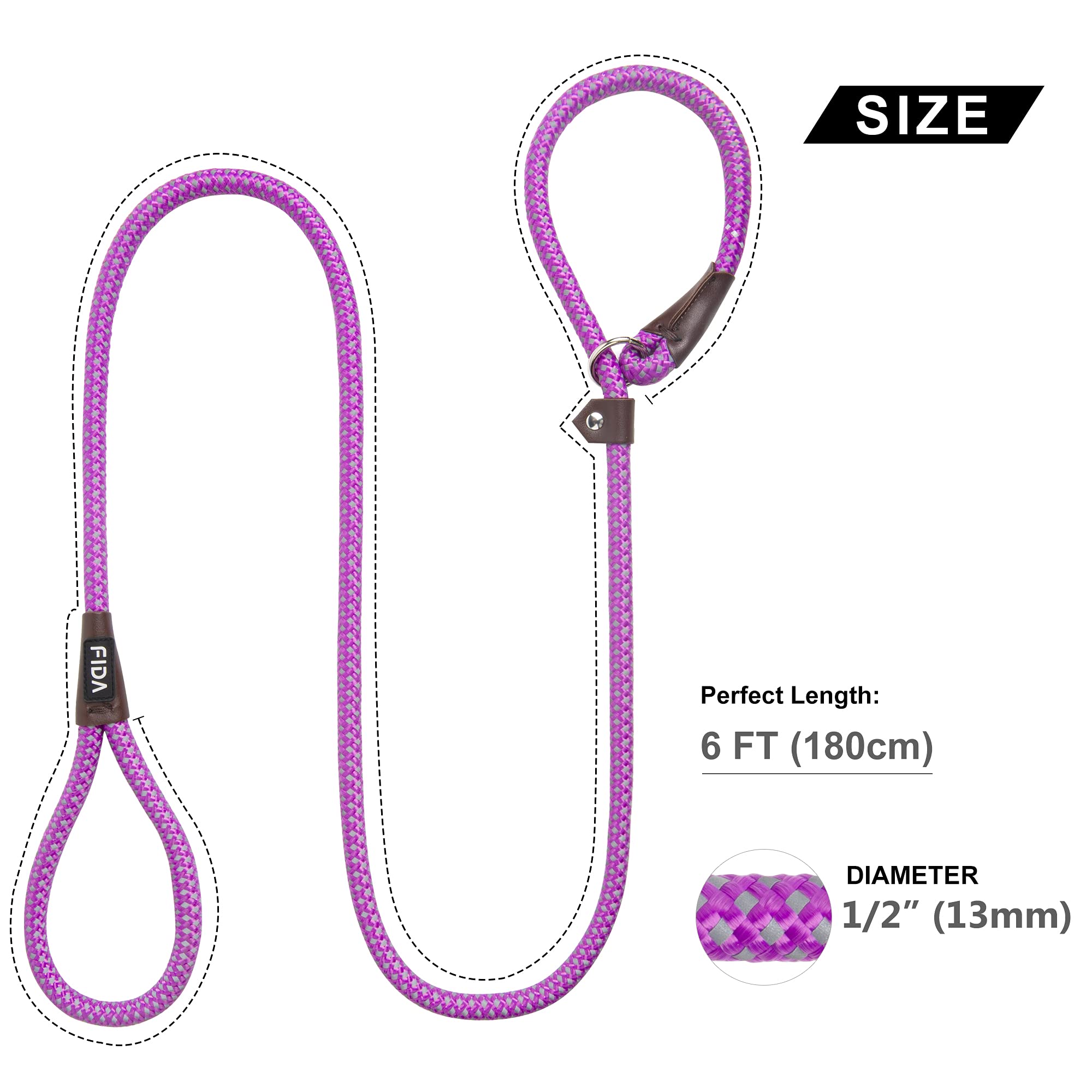 Fida Durable Slip Lead Dog Leash Bulk Pack Of 5, Heavy Duty 1/2' X 6 Ft Comfortable Strong Rope Slip Leash For Large, Medium Dogs No Pull Pet Training Leash With Highly Reflective, Purple