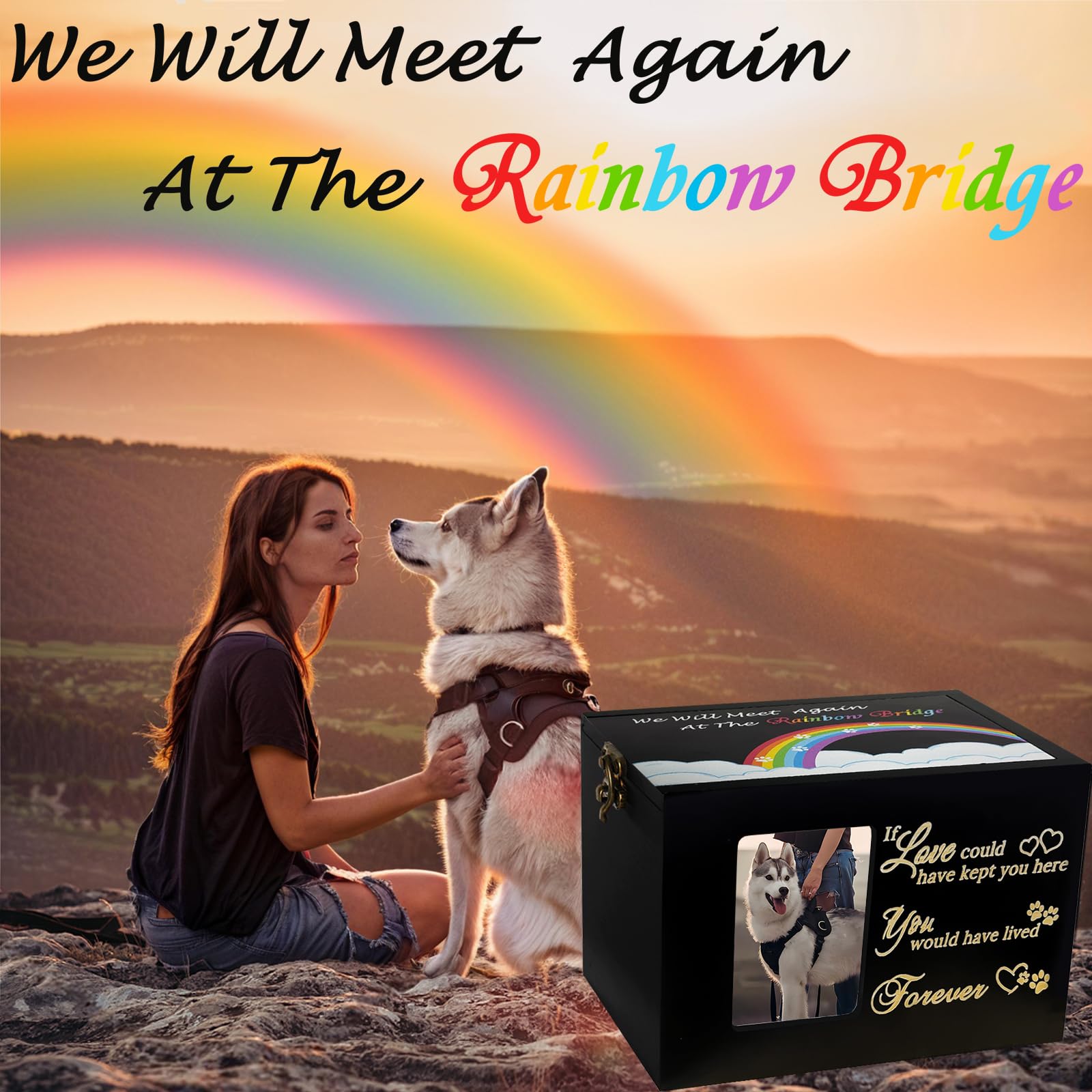 Sofunii Pet Urns For Dogs Or Cats Ashes,Medium Wooden Funeral Cremation Memorial Box With Photo Frame,Rainbow Bridge Keepsake Wi
