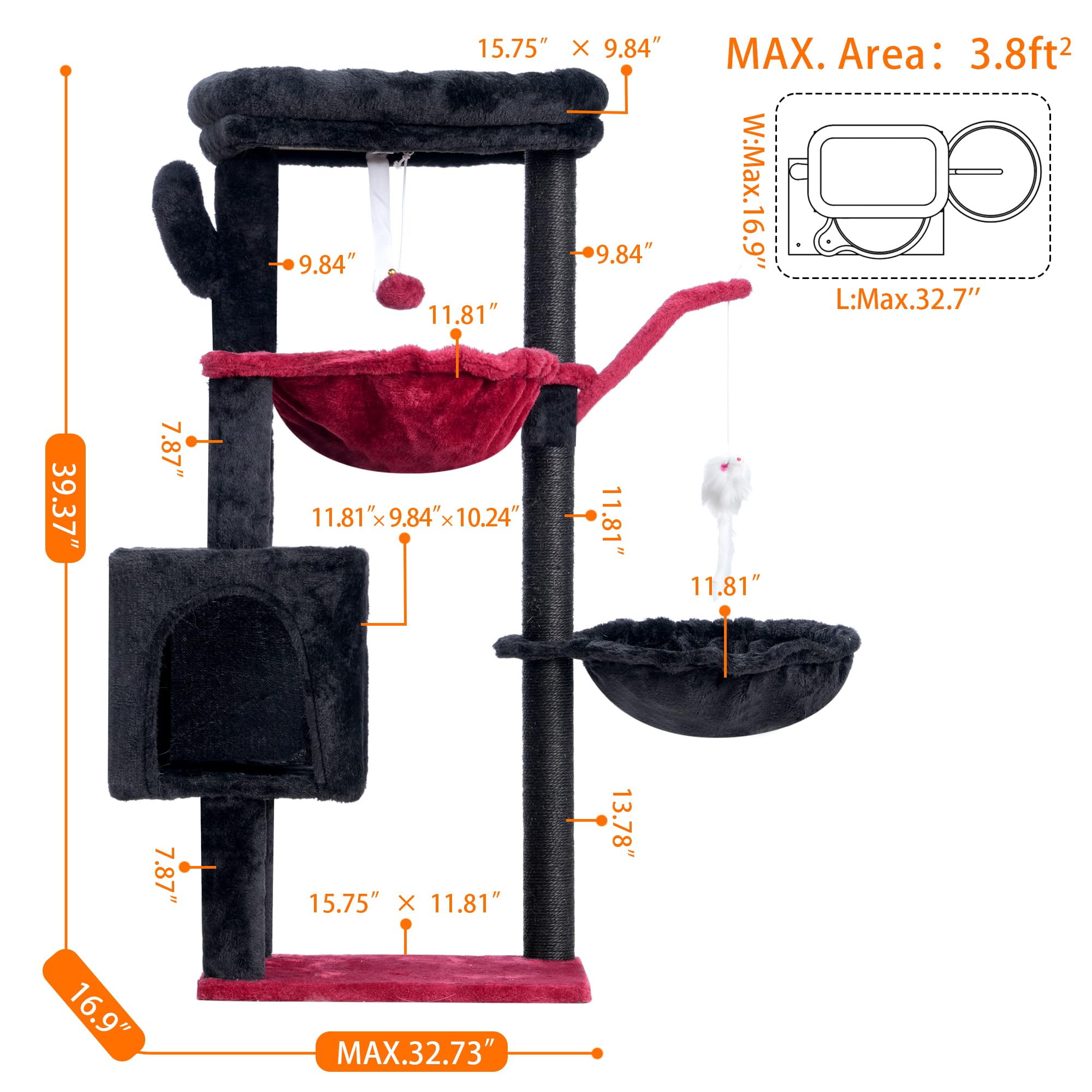Heybly Cat Tree Gothic Tower Condo, 39.4" Black and Red, Engineered Wood, Scratching Post, Soft Platform, 2 Baskets, Model 888HCT006SBR