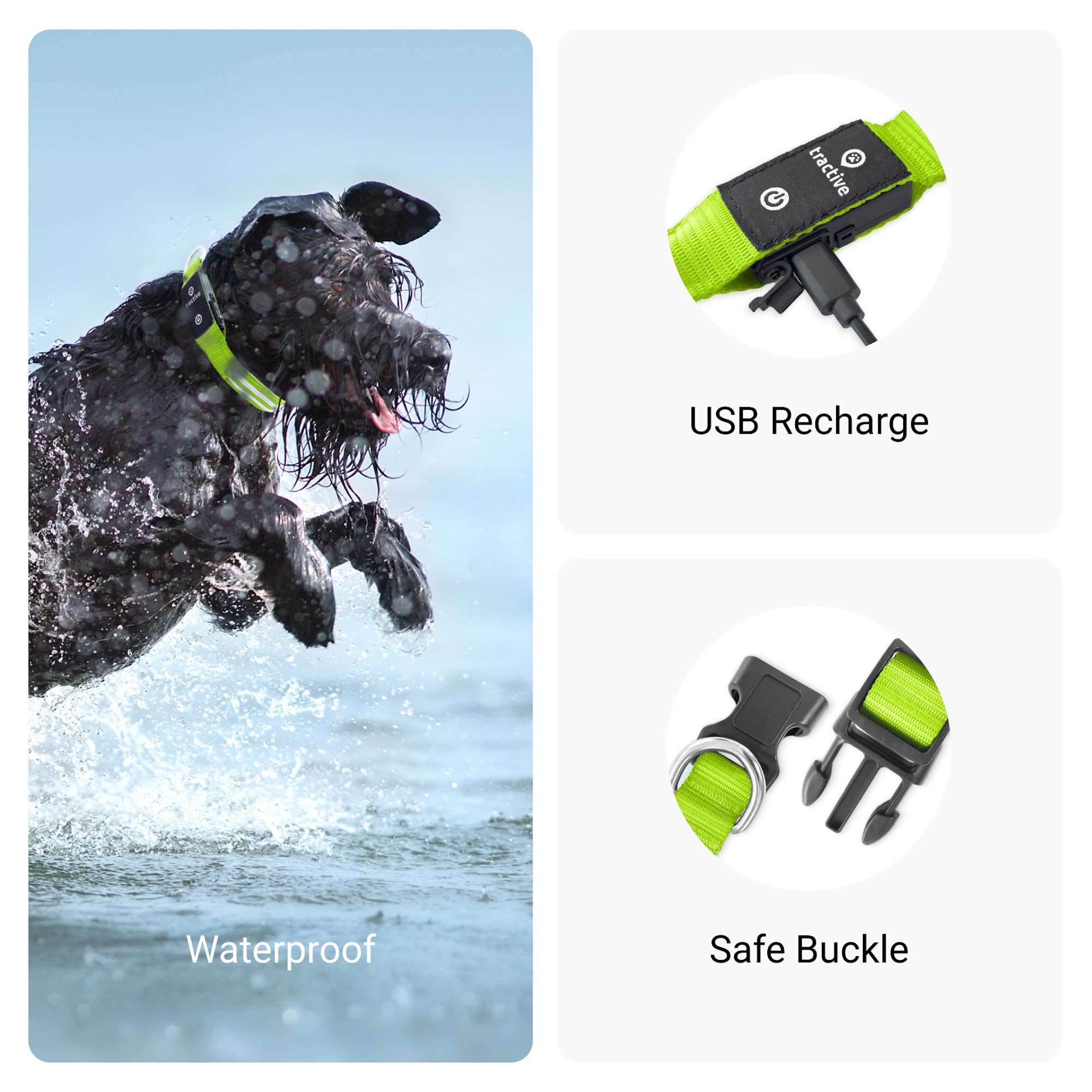 Tractive Led Light Up Dog Collar Usb Rechargeable Waterproof (Green)