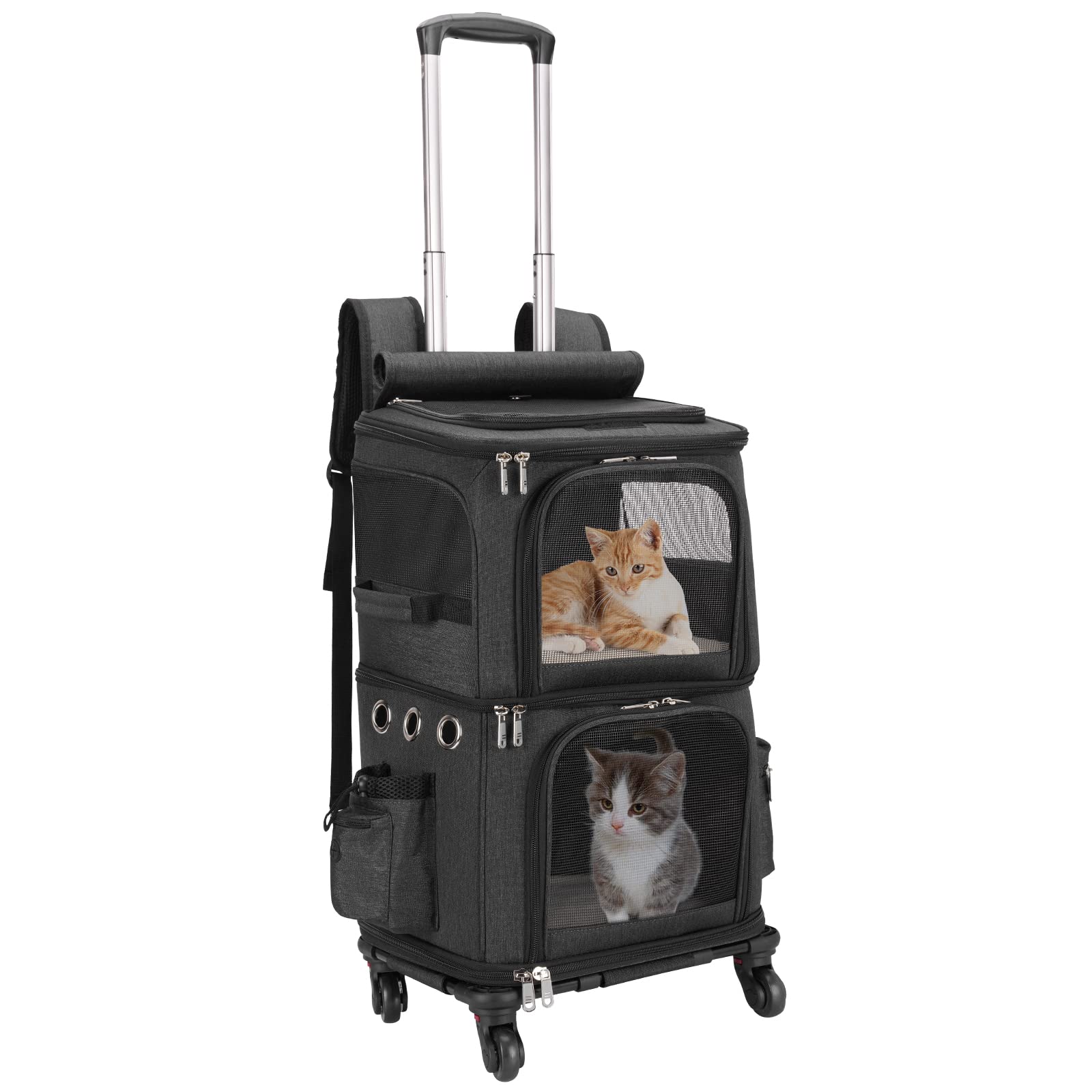 Hovono Double-Compartment Pet Carrier Backpack With Wheels For Small Cats And Dogs, Cat Rolling Carrier For 2 Cats, Perfect For Traveling/Taking A Walk/Trips To The Vet, Black