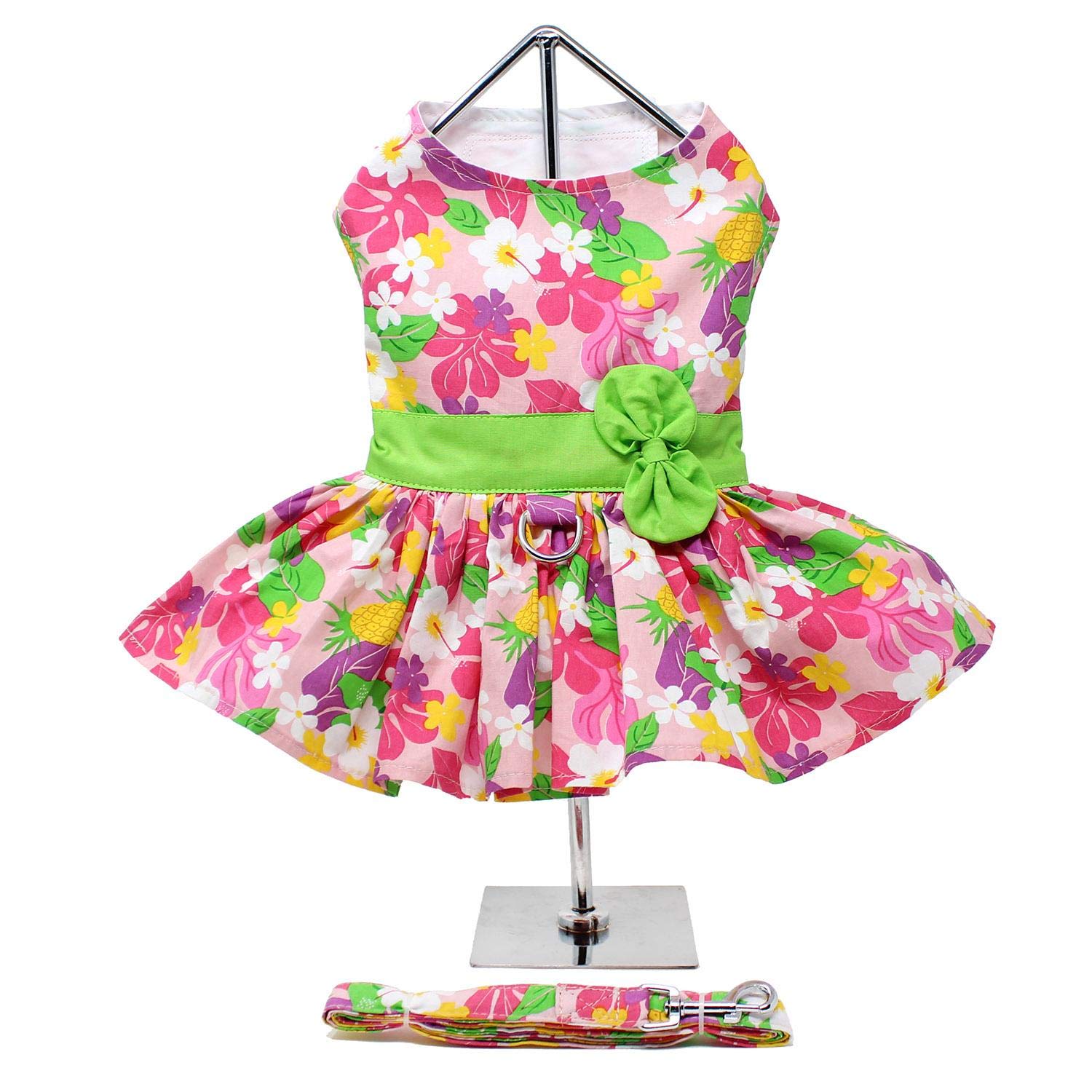 Doggie Design Pink Hawaiian Floral Dog Harness Dress With Matching Leash (Medium)