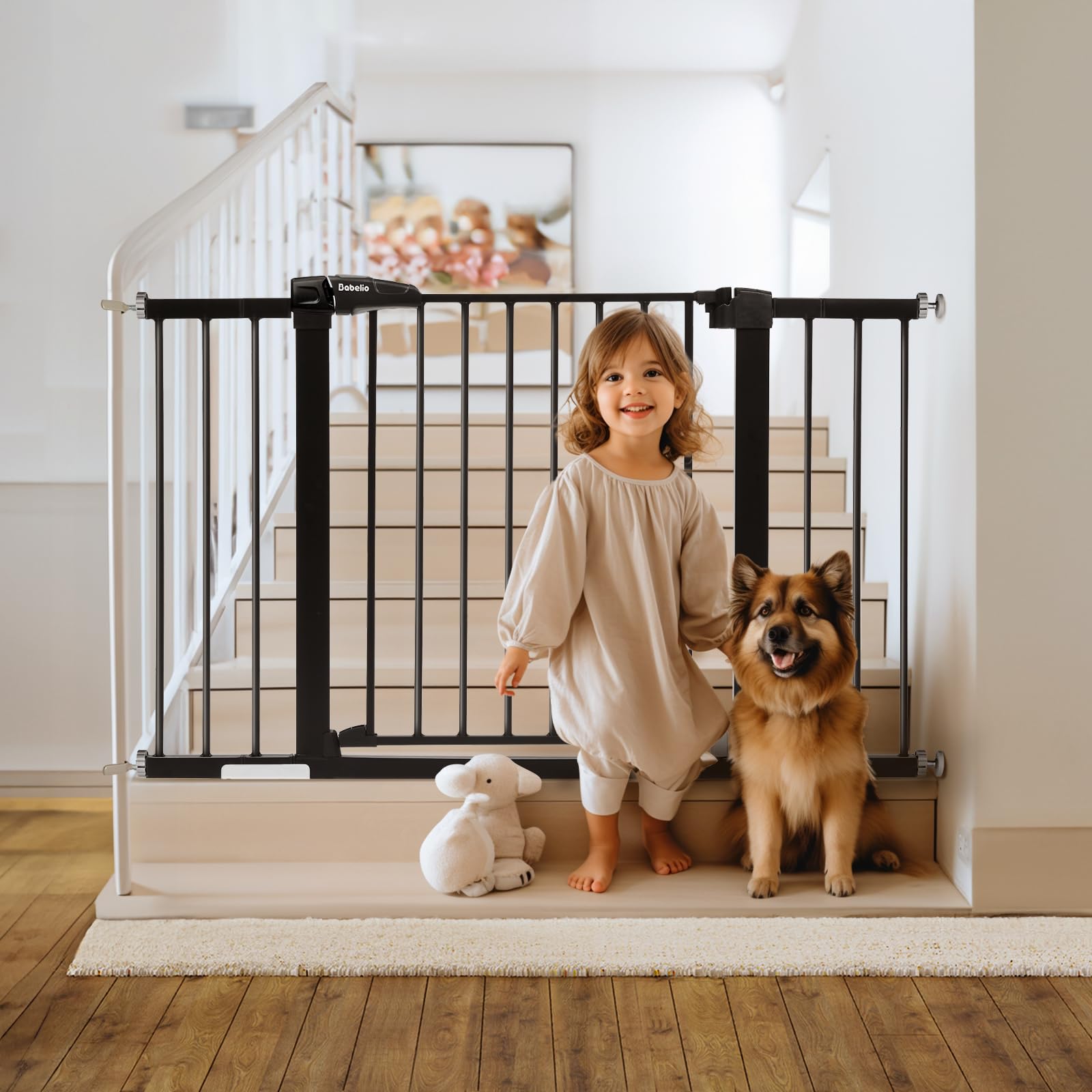 Babelio Metal Baby Gate, 29-48' Auto Close Easy Install Pet Gate, Extra Wide Walk Thru Child Safety Gate, Pressure Mounted Dog Gate For Doorways And Stairs, With Y Spindle Rods, Black