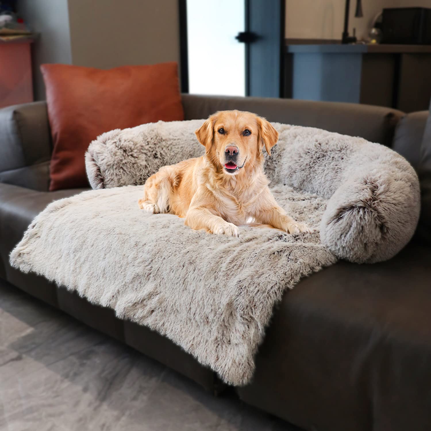 Dekeyoo Pet Couch Protector, Waterproof Calming Dog Bed Plush Mat, Pet Furniture Cover with Soft Neck Bolster, Machine Washable 