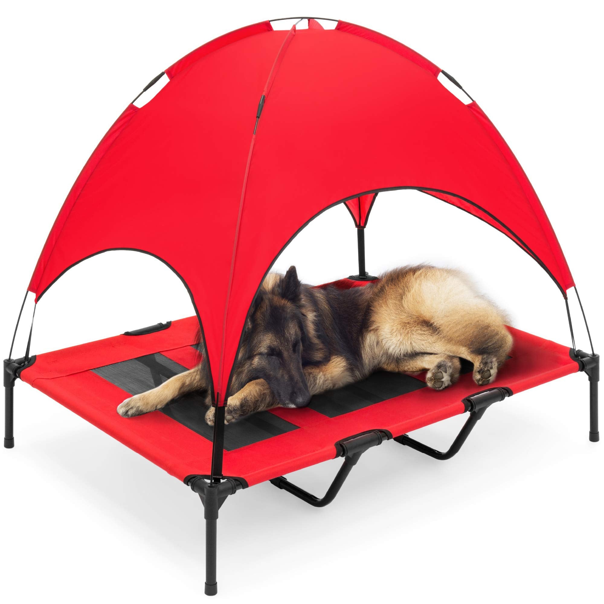 Best Choice Products 48In Elevated Cooling Dog Bed, Outdoor Raised Mesh Pet Cot W/Removable Canopy Shade Tent, Carrying Bag, Breathable Fabric - Red