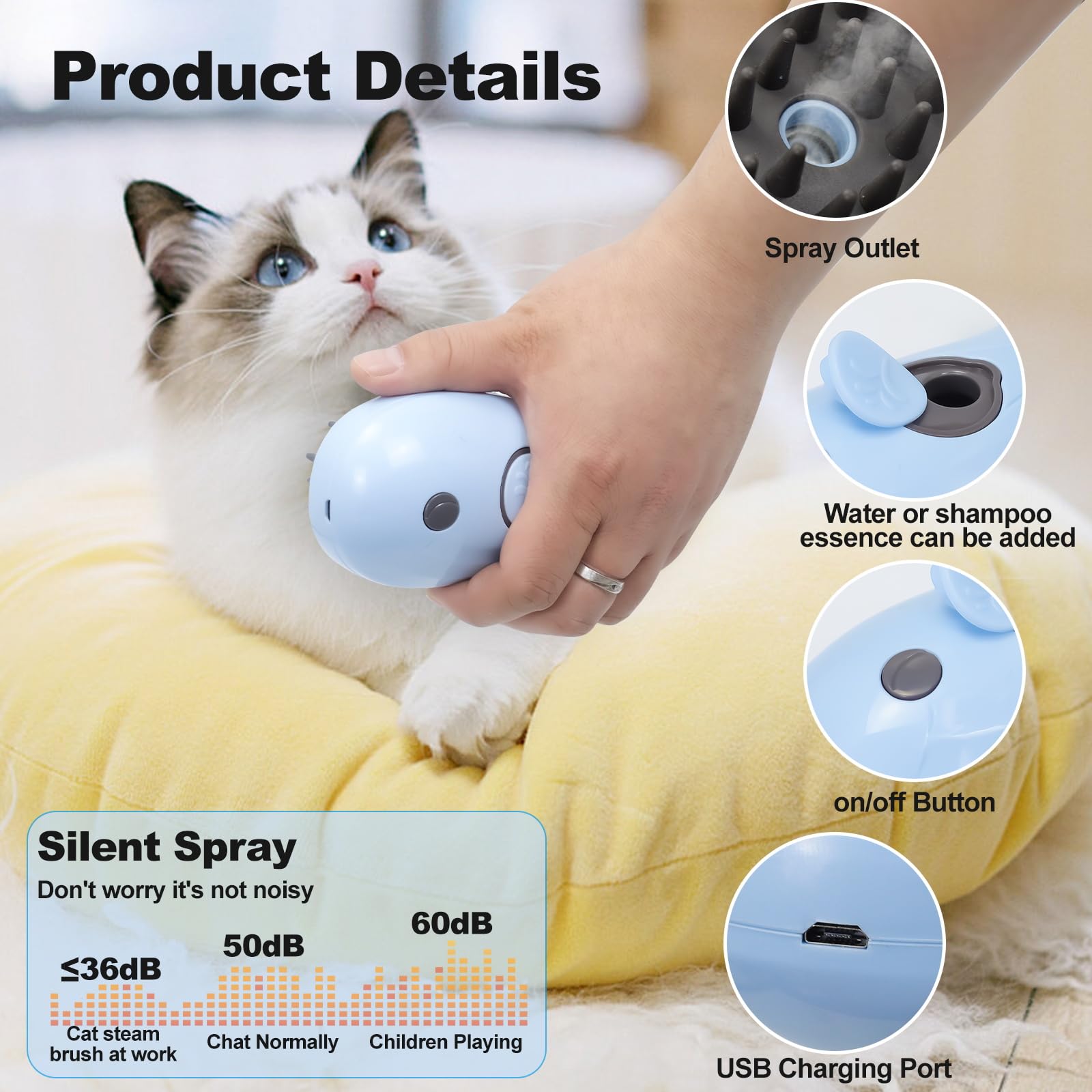 Cat Steam Brush For Shedding, Grooming With Steam, Rechargeable, Steamy Cat Brushes 3 In1, Self Cleaning Brush Massage,Clean And