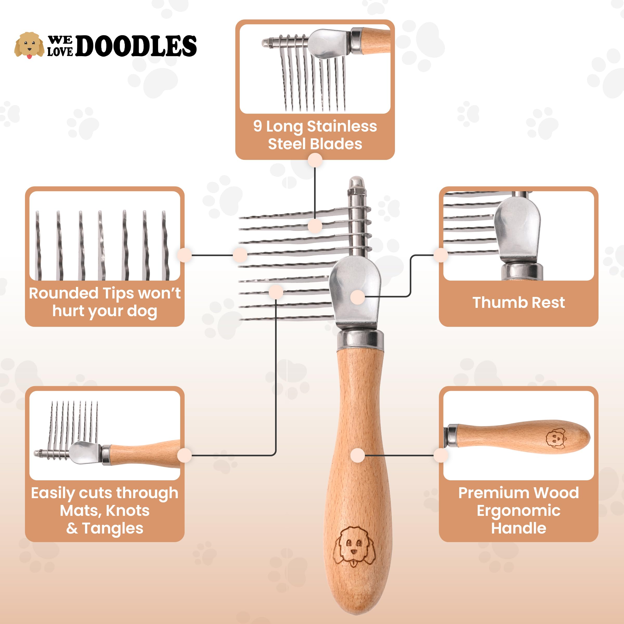 Pet Dematting Comb For Dogs And Cats With Wood Handle, Deshedding Undercoat Rake For Dogs With Stainless Steel Blades, Dog Comb For Detangling Thinning And Shedding [We Love Doodles] (Dematting Rake)