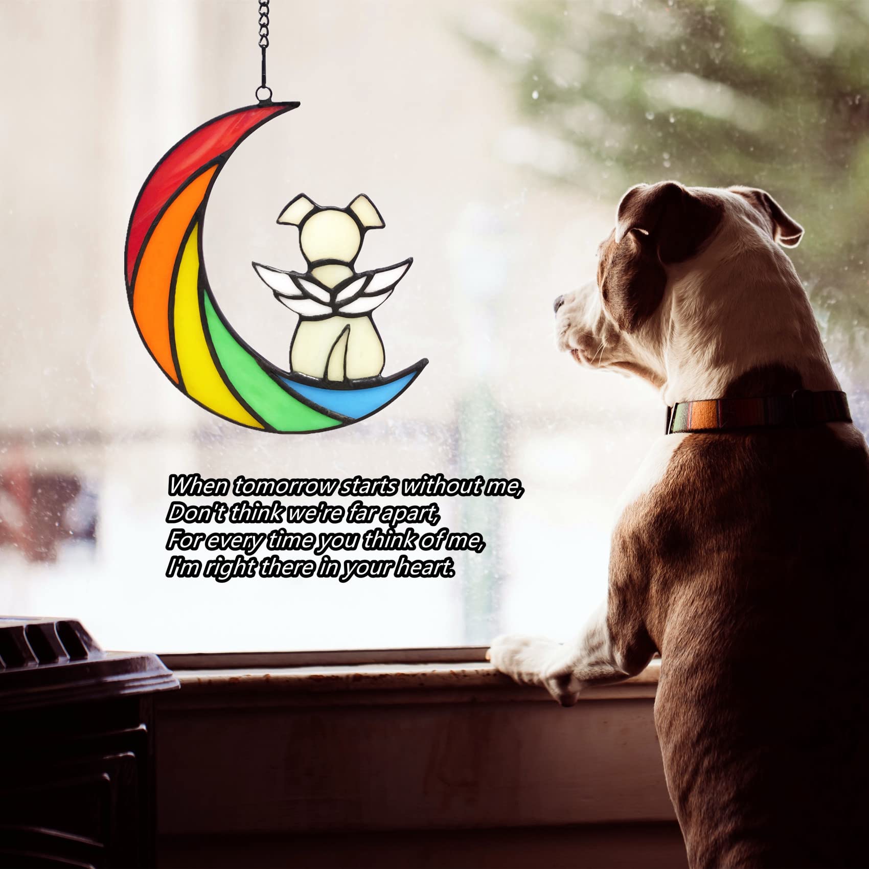 Lcensp Stained Glass Rainbow Bridge Dog Memorial Gifts for Loss of Dog Sympathy Remembrance Suncatcher, Angel Wings Pet Loss Ber