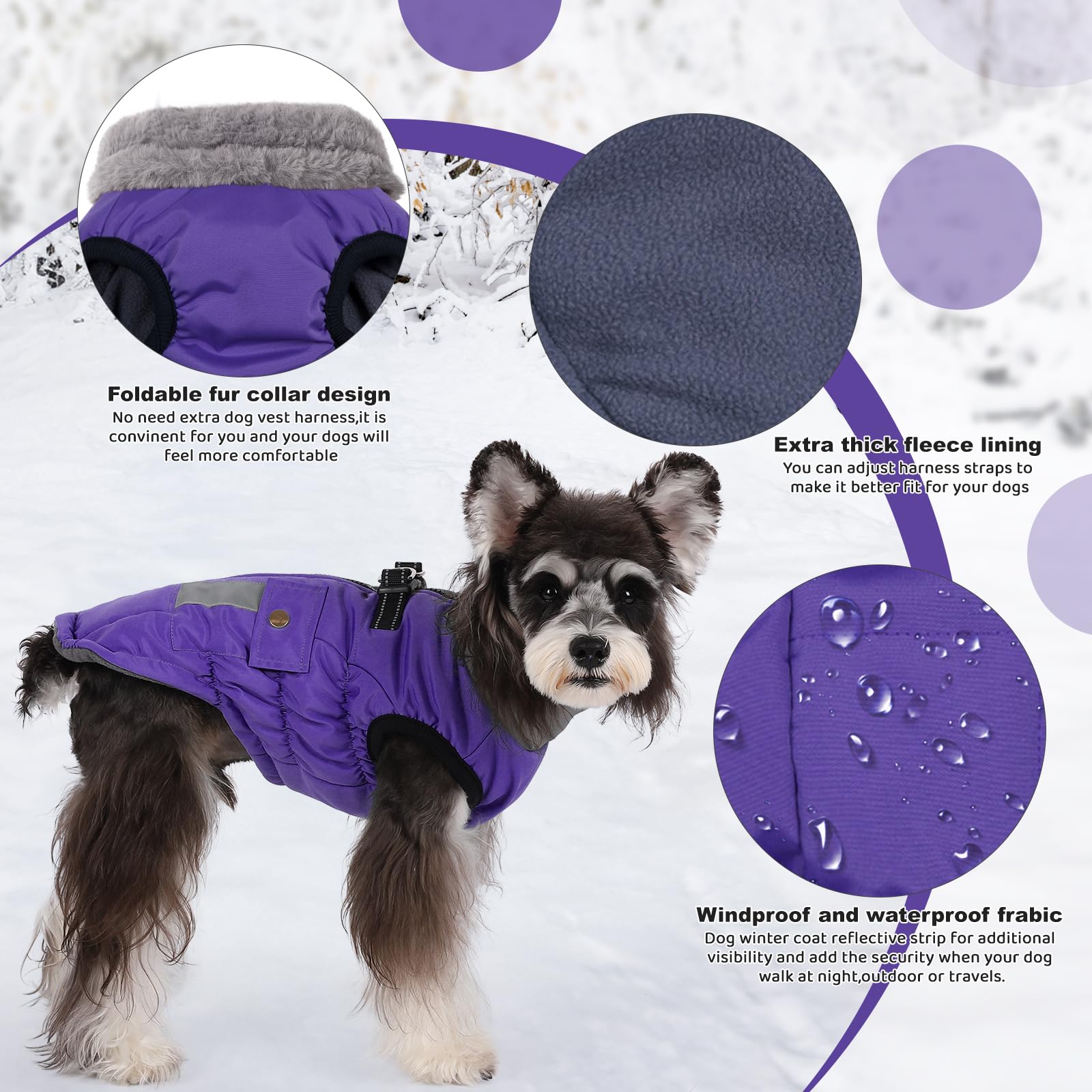 Gyuzh Dog Jacket With Faux Fur Collar, Winter Reflective Coat With Pockets For Small/Medium/Large Dogs (Small, Purple)