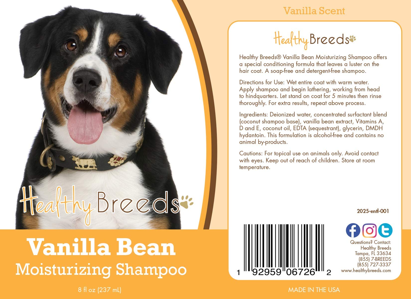 Healthy Breeds Entlebucher Mountain Dog Vanilla Bean Moisturizing Shampoo + Conditioner - With Vitamins A, D, E + Coconut Oil -
