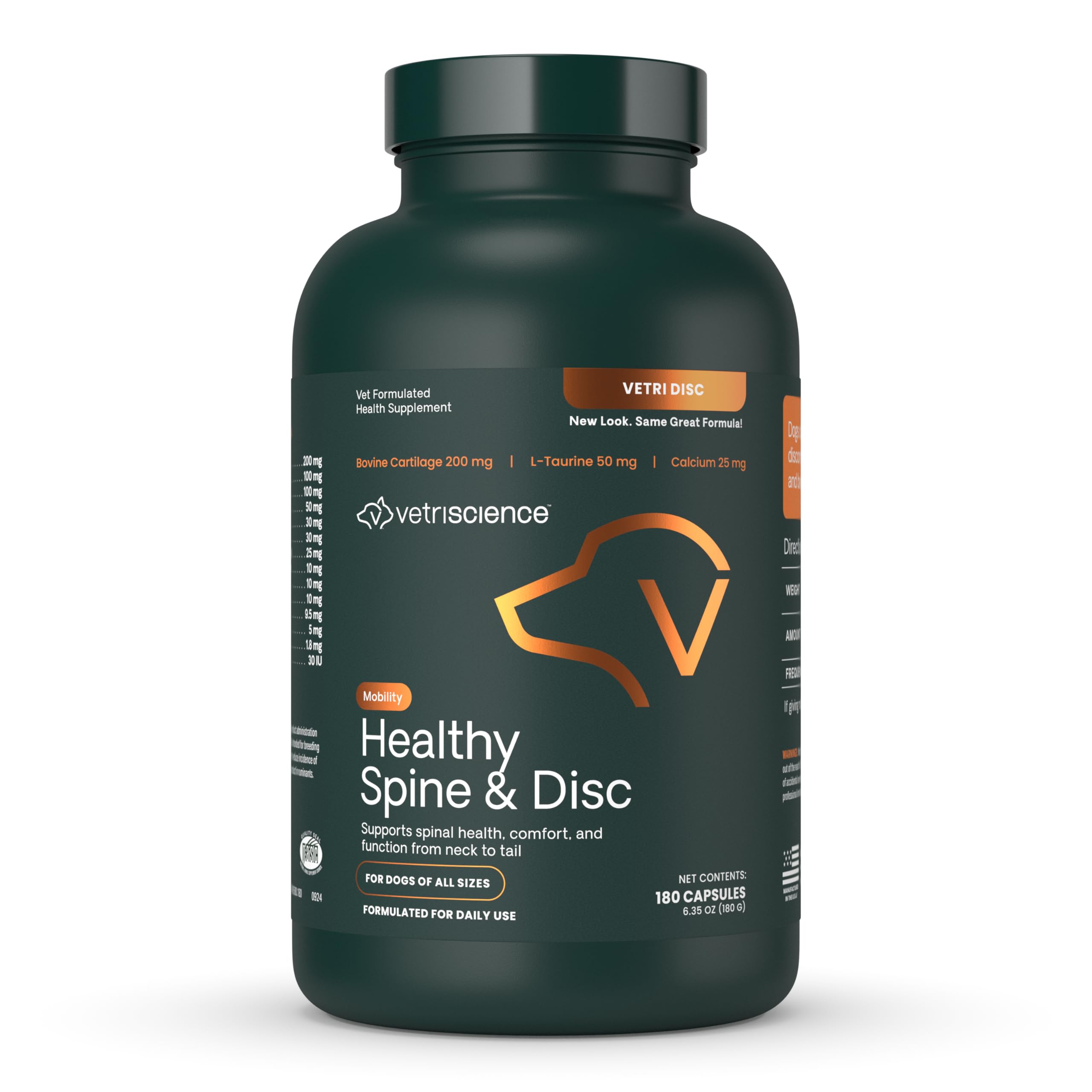 VETRISCIENCE Healthy Spine & Disc Capsules, Chondroitin & Taurine Supplement for Dogs, 180 Count, Perfect for Dachshunds & Frenchies