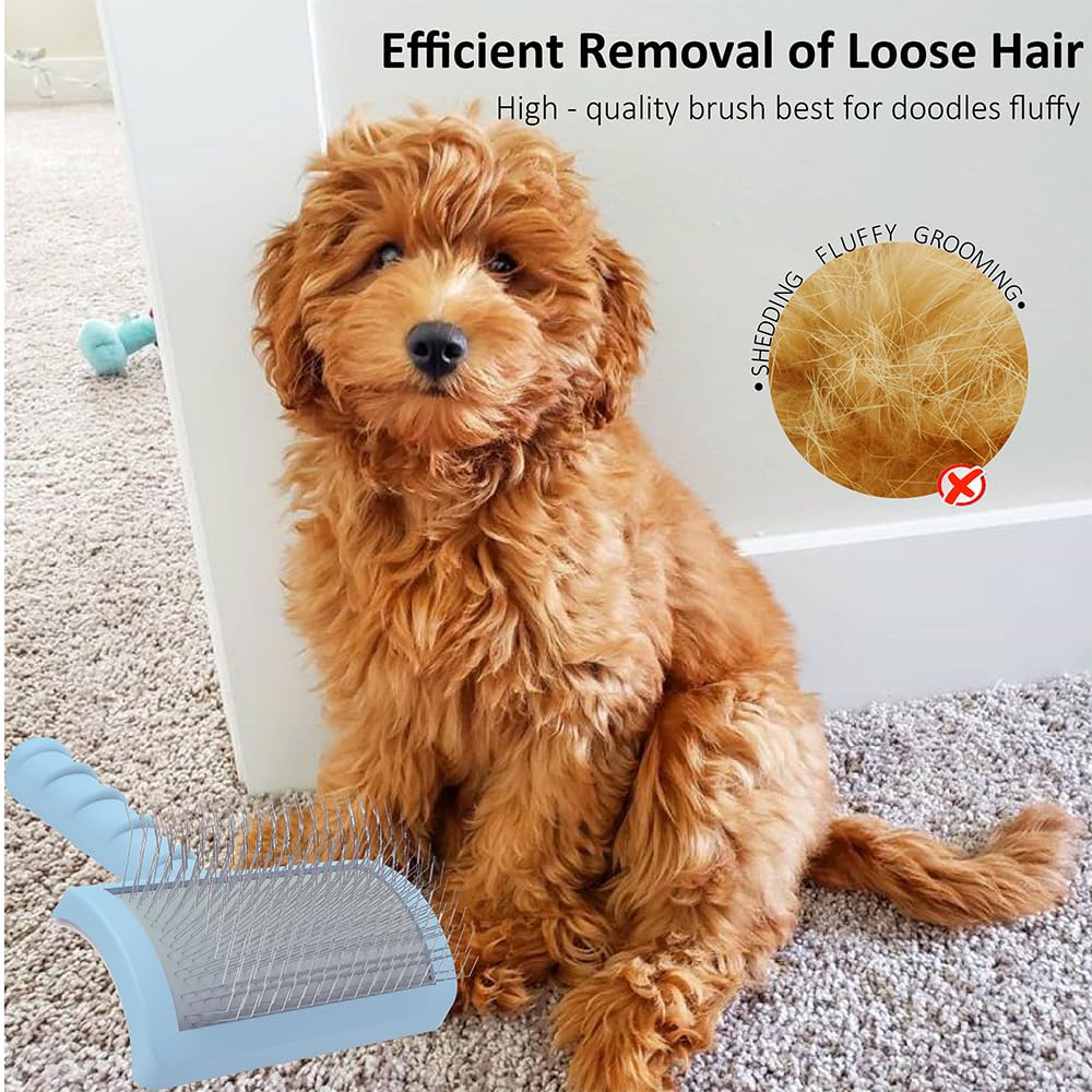 LBMBAIC Slicker Brush for Dogs & Cats - Curved, Soft Pins for Thick Fur - Blue