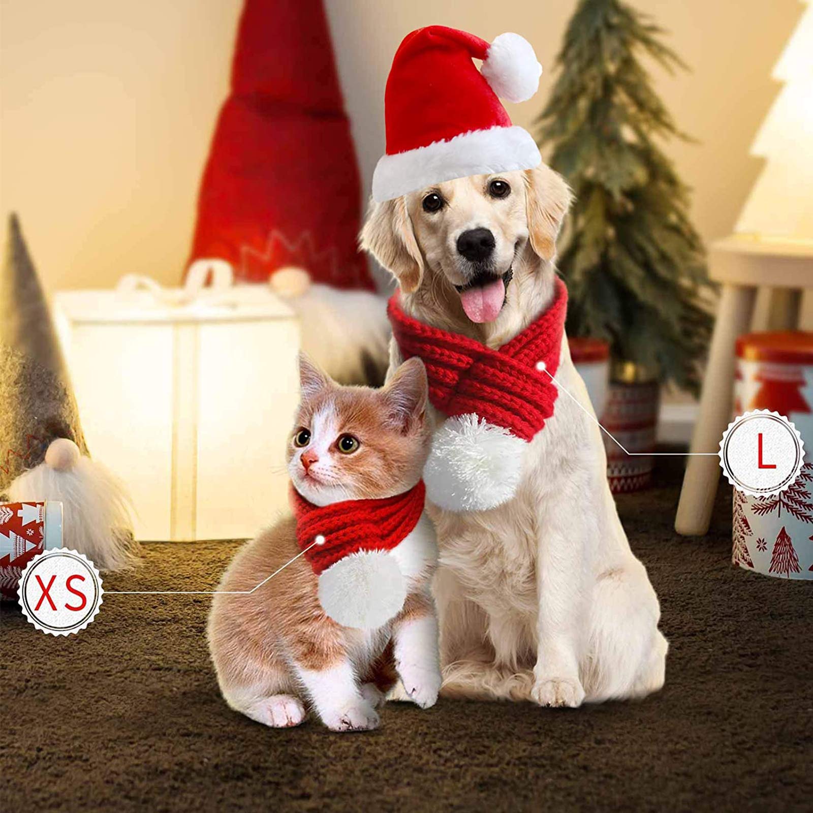 Inscape Data Christmas Dog Santa Hat with Scarf, Adjustable Santa Hat for Dog and Xmas Pet Knit Red Scarf with White Pompom Ball