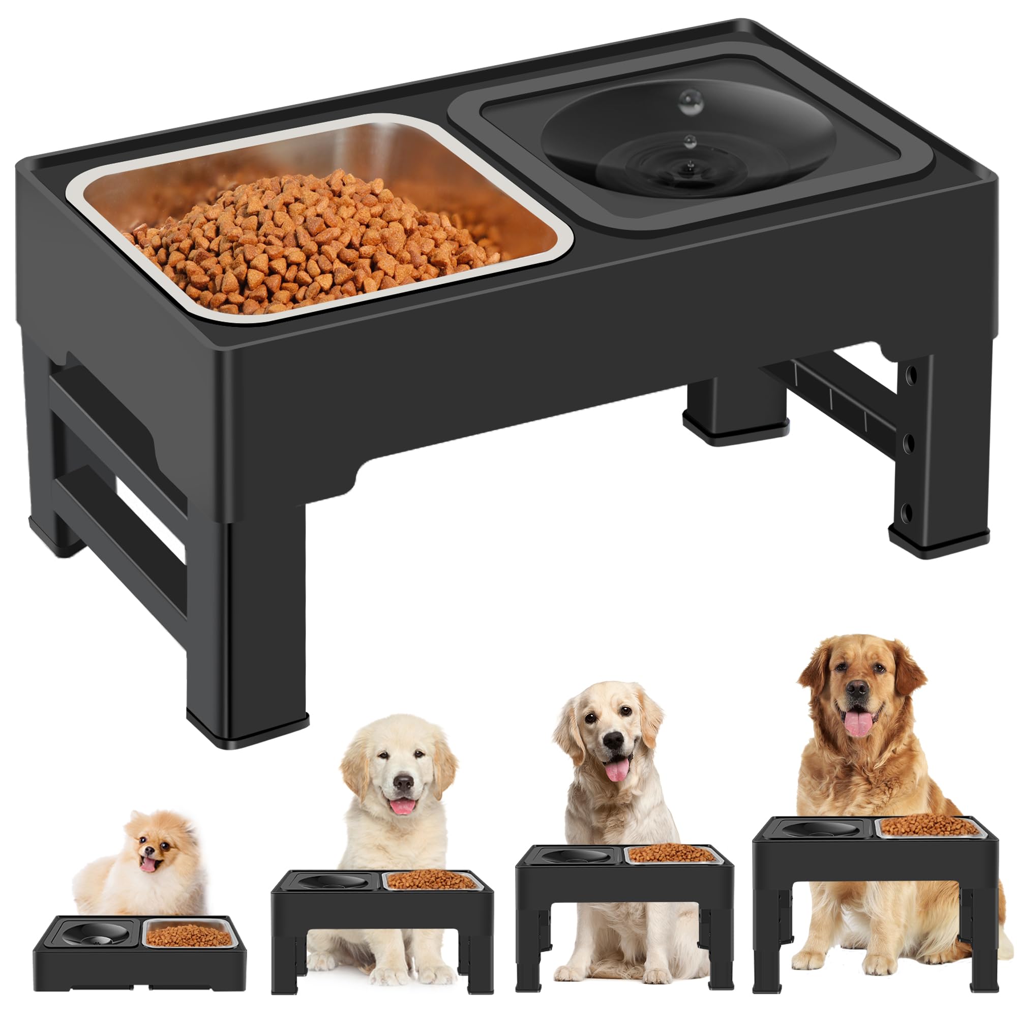 ikuso 2-in-1 Elevated Dog Bowls, Raised Pet Bowl with Stainless Steel Food Bowl and Spill Proof Water Bowl, 4 Adjustable Heights