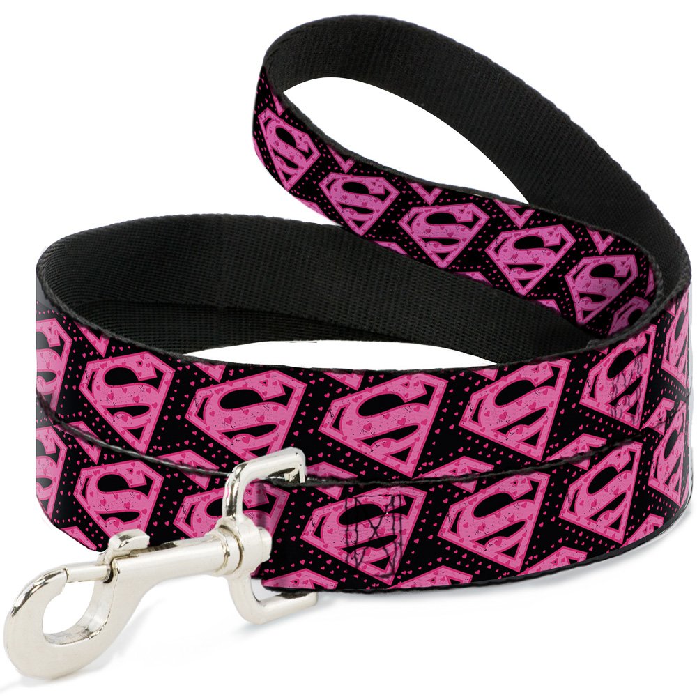 Buckle-Down Pet Leash - Diagonal Superman Logo W/Hearts Black/Pink - 4 Feet Long - 1/2' Wide