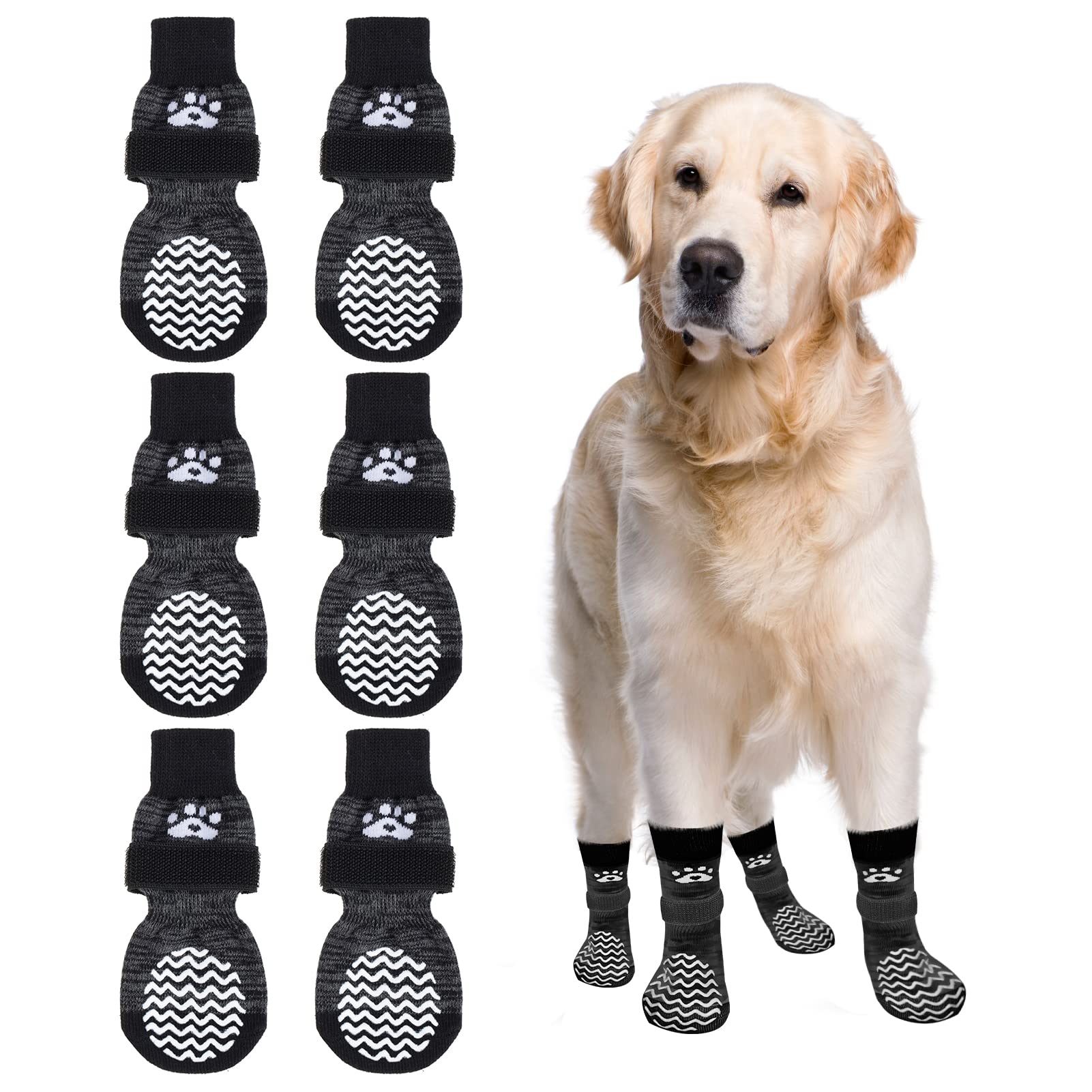 Pupteck Double Side Non-Slip Dog Socks For Hardwood Floors - 3 Pais Anti-Shedding Pet Grip Socks With Adjustable Magic Straps For Small Medium Large Doggies To Prevent Licking