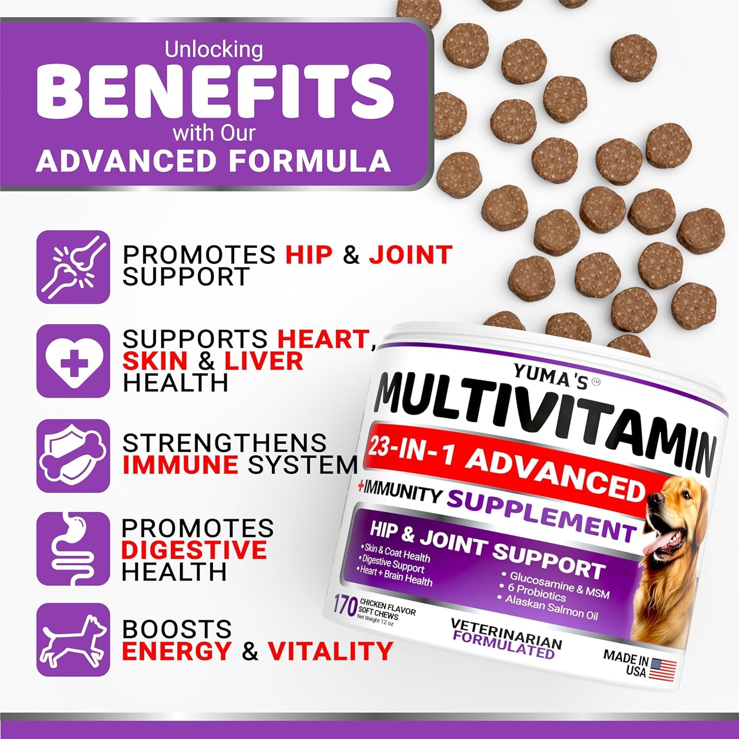 YUMA'S 2-Pack Dog Multivitamin Chewables with Glucosamine, 340 Chews - Senior & Puppy, Hip & Joint Support, Brown