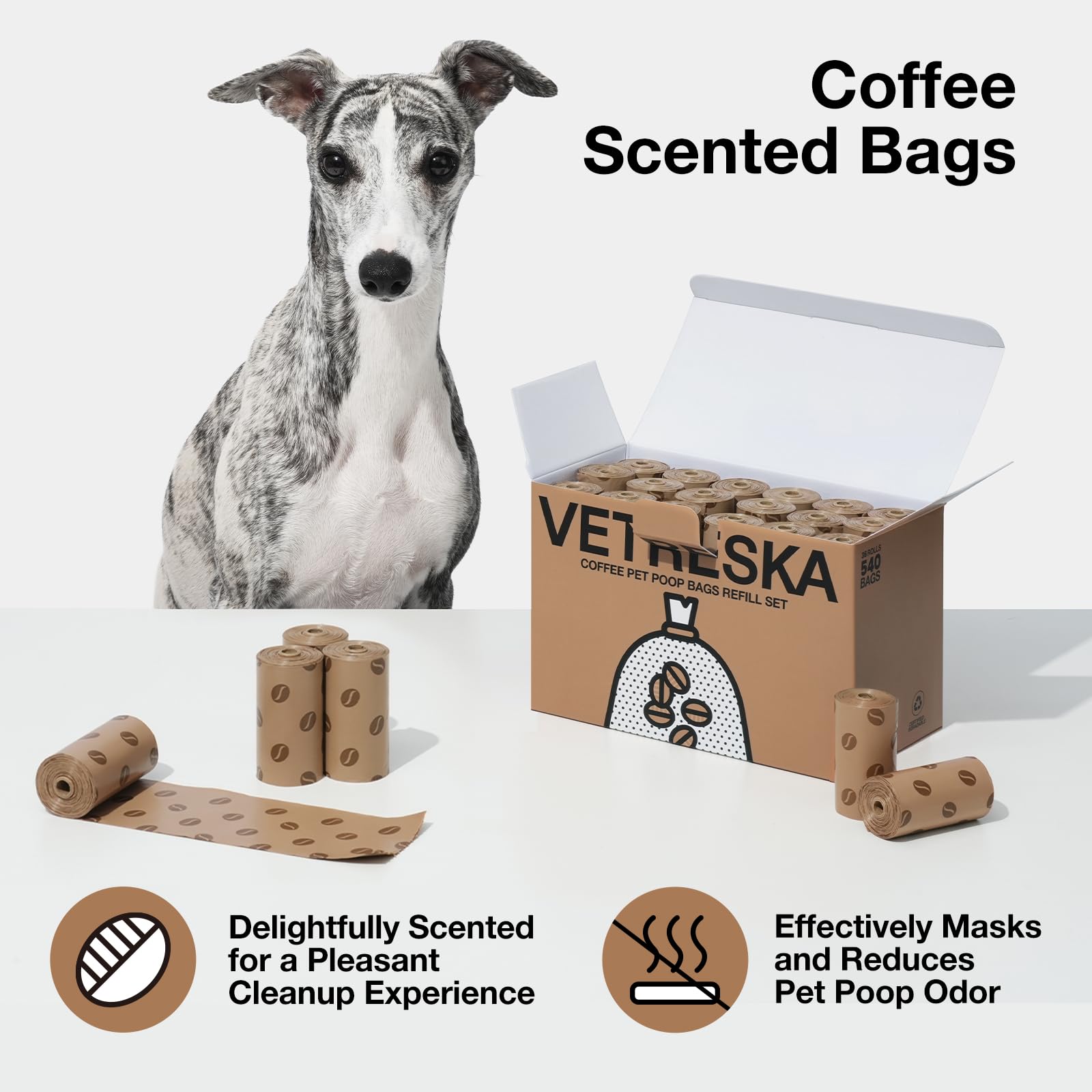 VETRESKA Coffee Scented Dog Poop Bags - 540 Count, Leak Proof, Extra Thick, 9 x 13 Large Waste Bags for Dogs & Cats - 36 Rolls