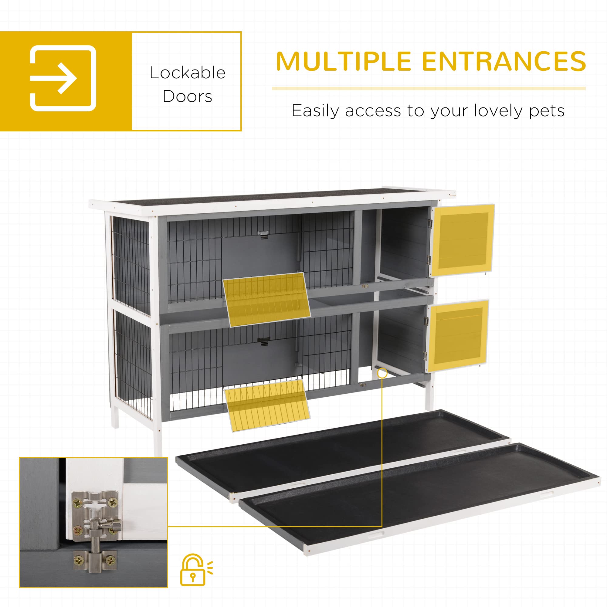 Pawhut 54'' 2-Story Large Rabbit Hutch Bunny Cage Wooden Pet House Small Animal Habitat With Lockable Doors, No Leak Tray And Wa