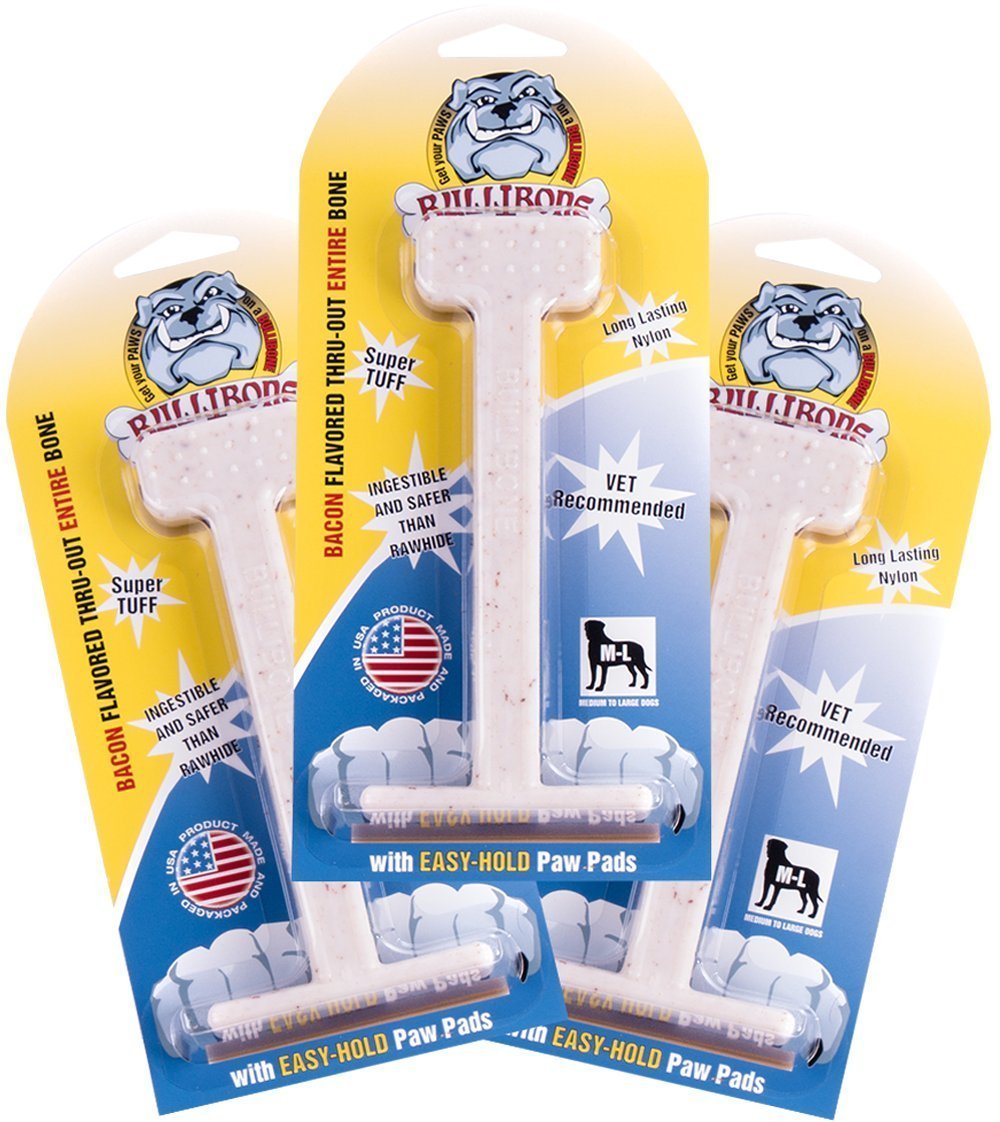 Bullibone Nylon Dog Chew Toy Nylon Bone - Improves Dental Hygiene, Easy to Grip Bottom, and Permeated with Flavor (Bacon, Large 