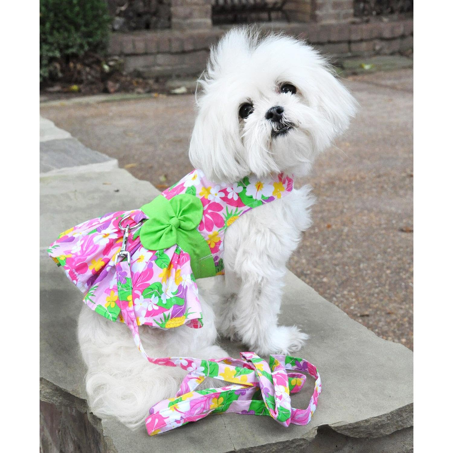 Doggie Design Pink Hawaiian Floral Dog Harness Dress With Matching Leash (Small)