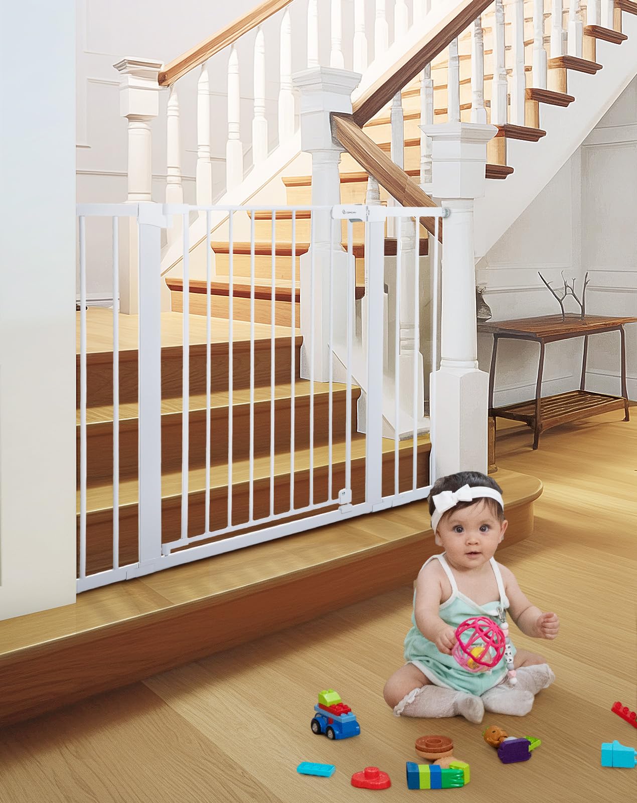Comomy 36' Extra Tall Baby Gate For Stairs Doorways, Fits Openings 29.5' To 46' Wide, Auto Close Extra Wide Dog Gate For House, Pressure Mounted Easy Walk Through Pet Gate With Door, White