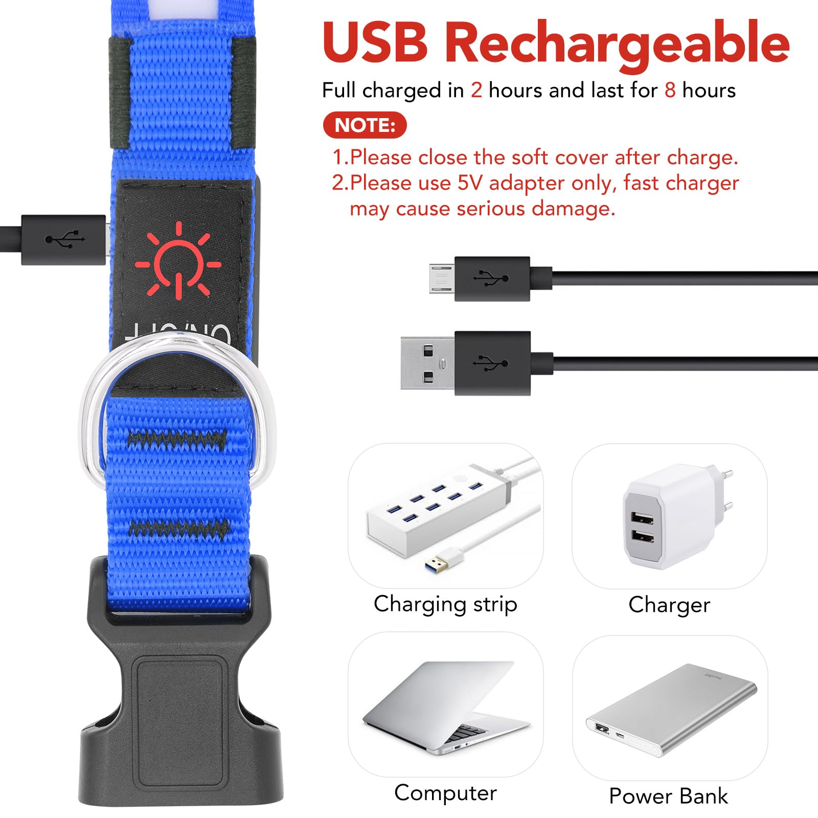 Vizpet Led Dog Collar, Light Up Dog Collar Adjustable Usb Rechargeable Super Bright Safety Light Glowing Collars For Dogs(X-Large,Blue)