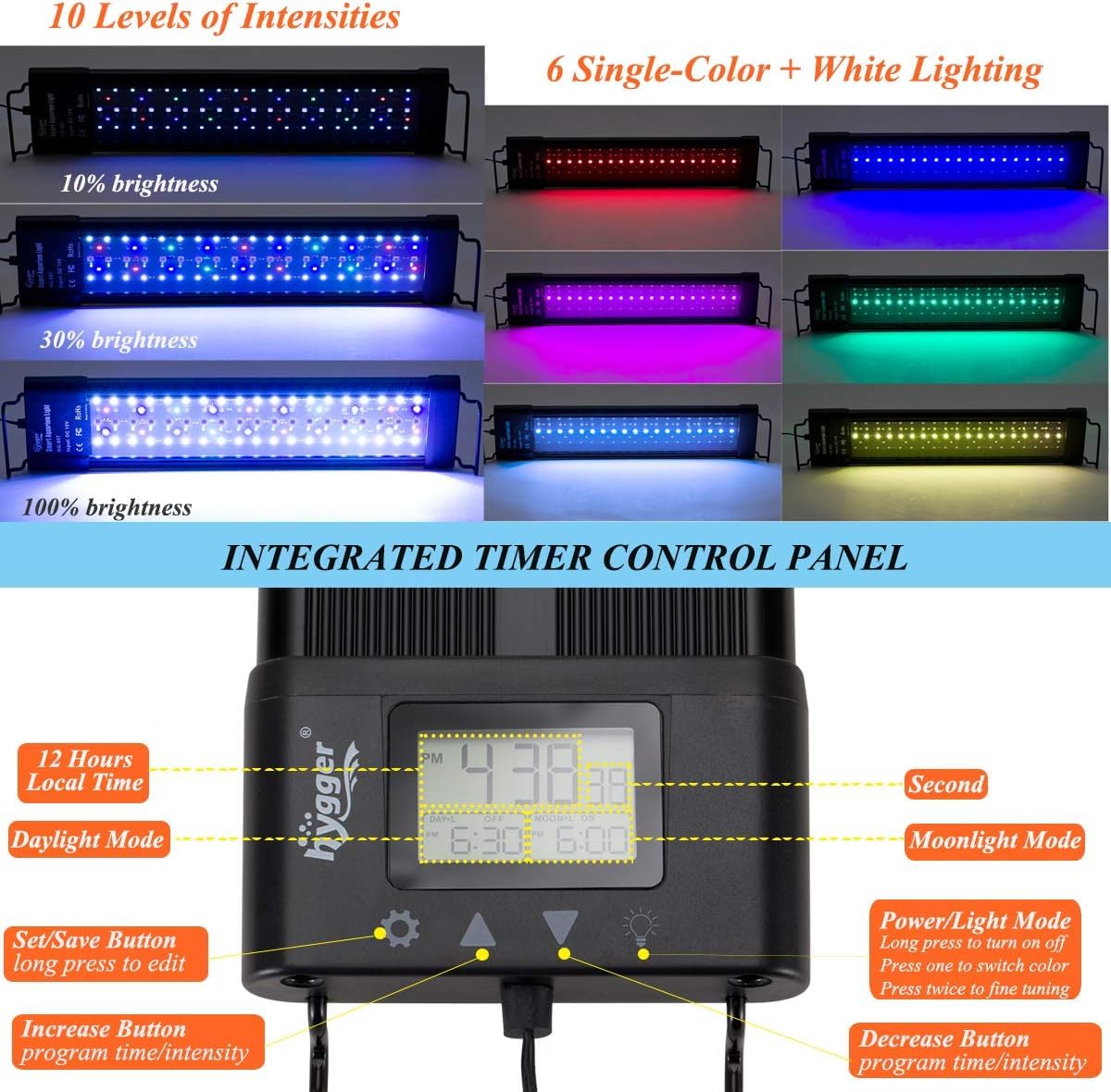 Hygger Auto On Off Led Aquarium Light Extendable 12-55 Inches 7 Colors Sunrise Sunset Full Spectrum Light Fixture For Freshwater Planted Tank Build In Timer Sunrise Sunset (36W(24'-30'))
