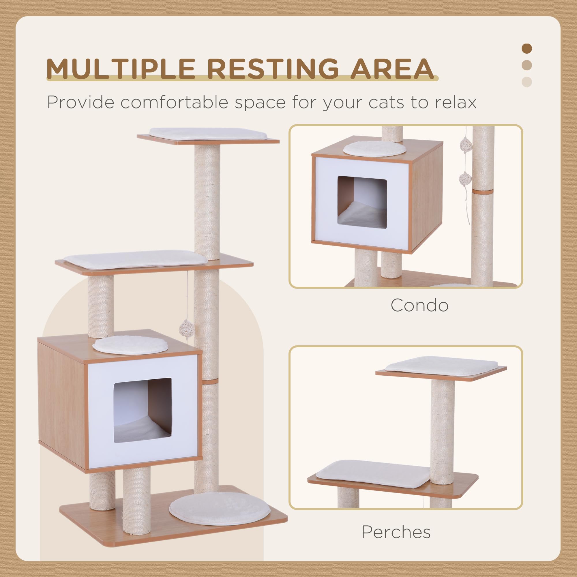 Pawhut Wood Cat Tree Scratching Post For Indoor Cats Kitten House Condo Activity Center W/Cushion Hanging Toy Multi-Level