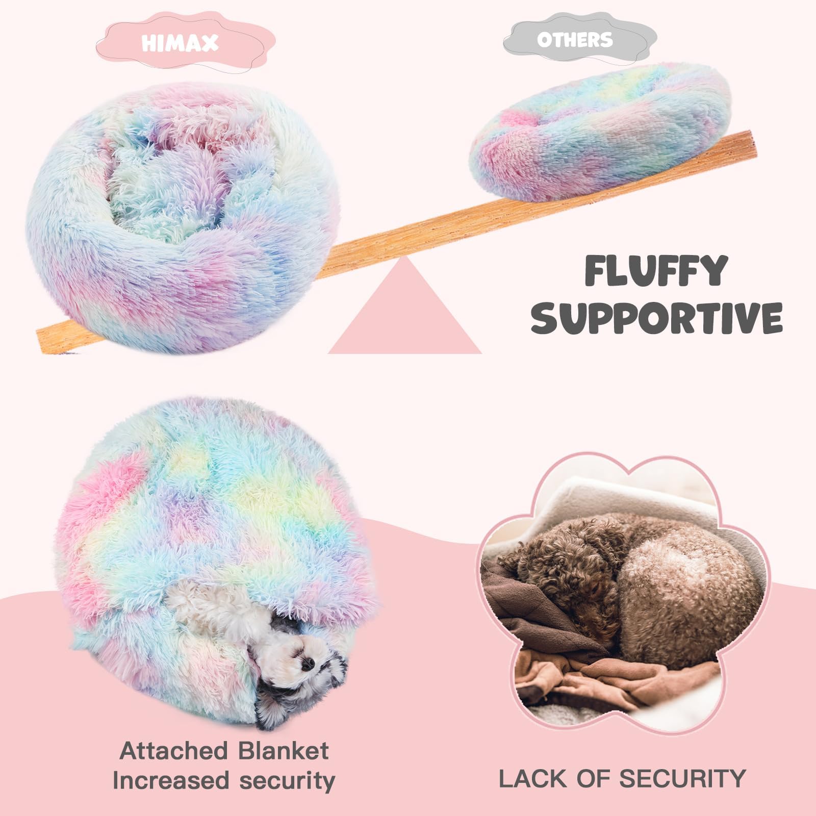 Himax Small Dog Bed, Fluffy Dog Bed With Blanket Attached, Cat Bed Washable, Multi-Colored (20''/26''/35'')