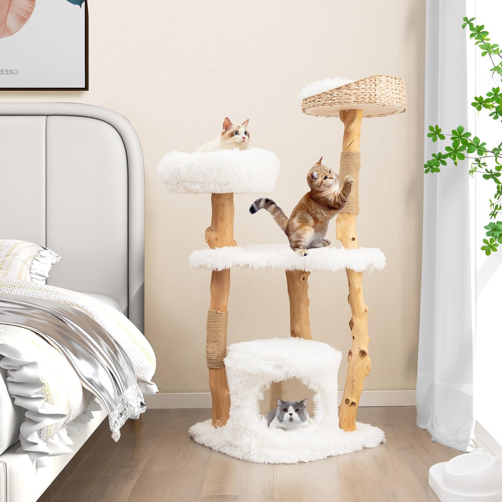 Tangkula Cat Tree For Indoor Cats, Solid Wood Modern Cat Tower With Top Cattail Basket Cat Bed, Side Perch, Large Platform & Cat Condo, Cute Cat Tree With Scratching Posts For Large Cats (49 Inch)