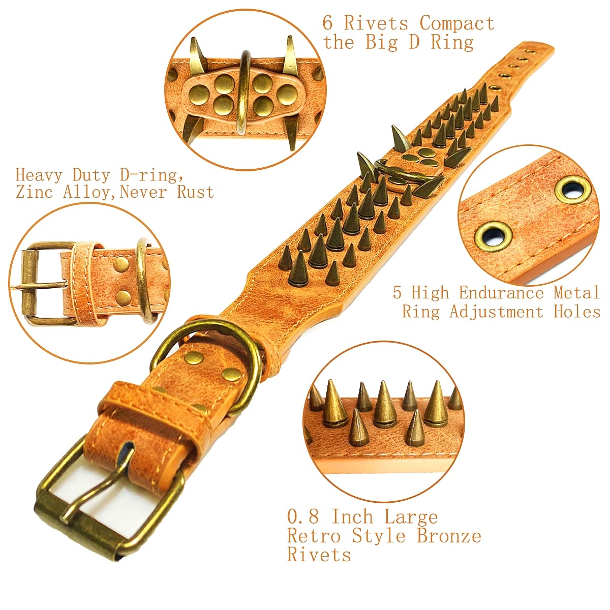 Kawagogo Spiked Studded Dog Collar With Large Sharp Spikes,2 Inch Wide Leather Dog Collar,Anti-Bite,Fit Large Medium Dogs,Pitbul