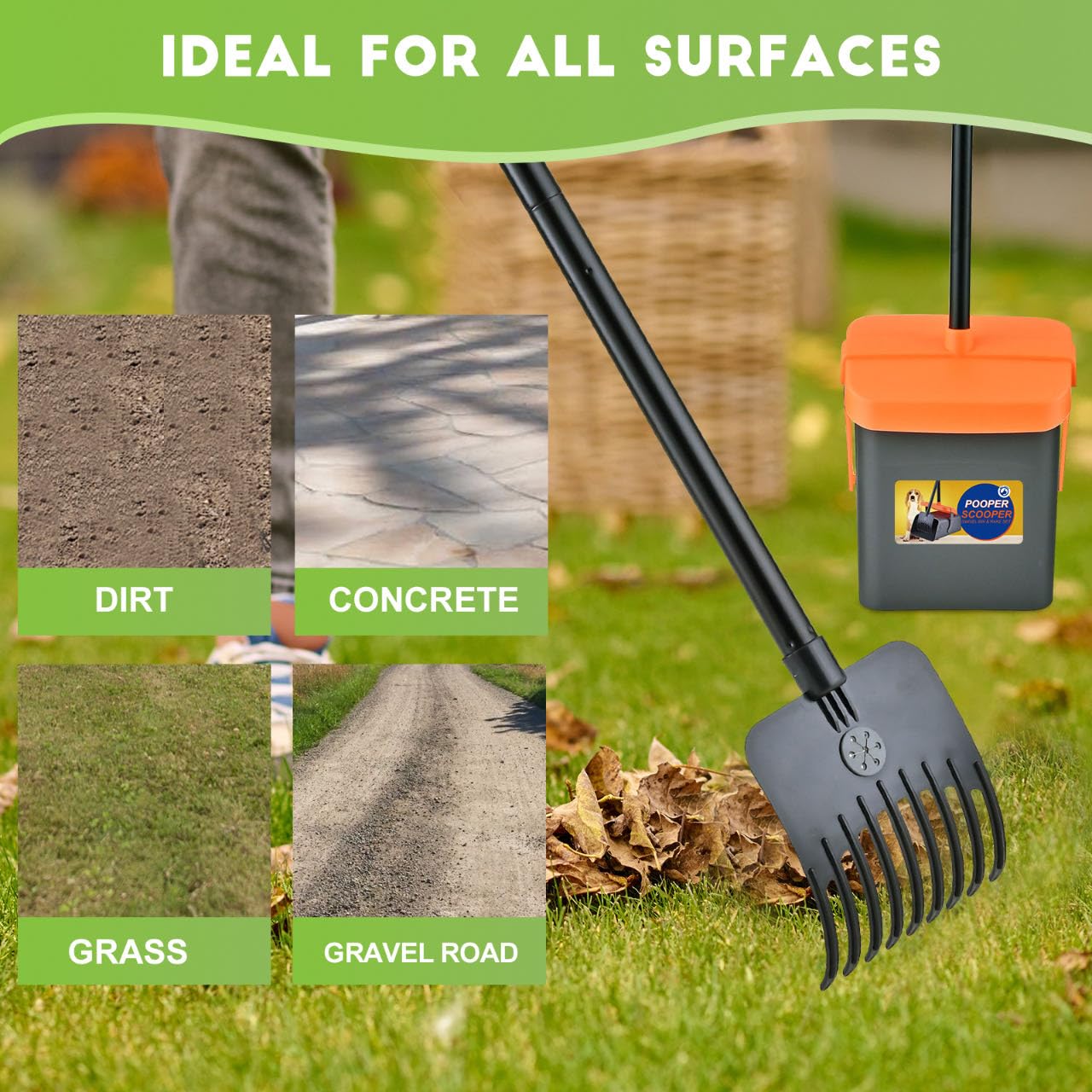 Ilongood Pooper Scooper Swivel Bin & Rake Kit With 55 Waste Bags, 46'' Long Handle Adjustable Portable Non-Breakable Dog Pooper