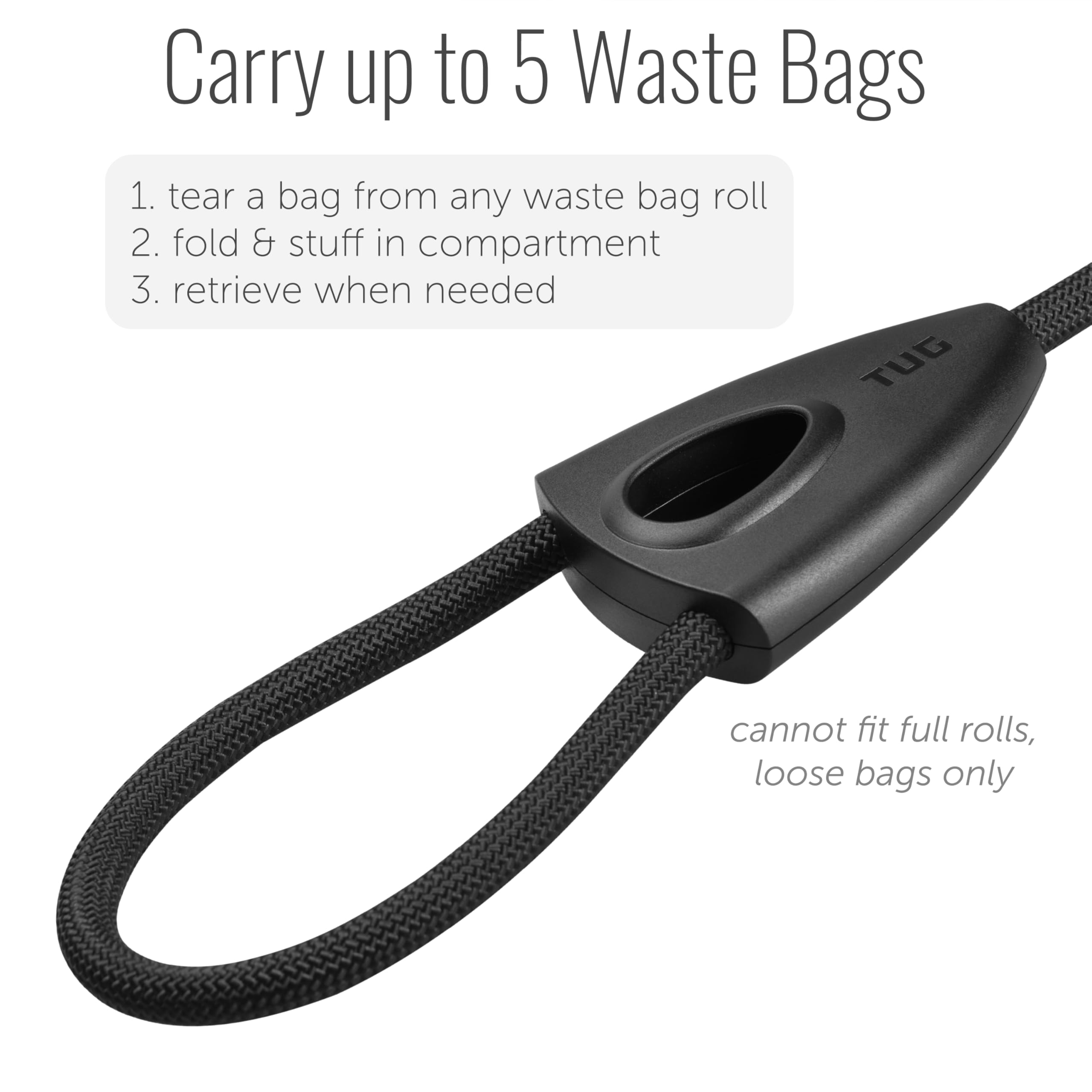 Tug 5 Ft Dog Leash With Integrated Oval Dispenser Holds 3 Loose Dog Waste Bags (Black)
