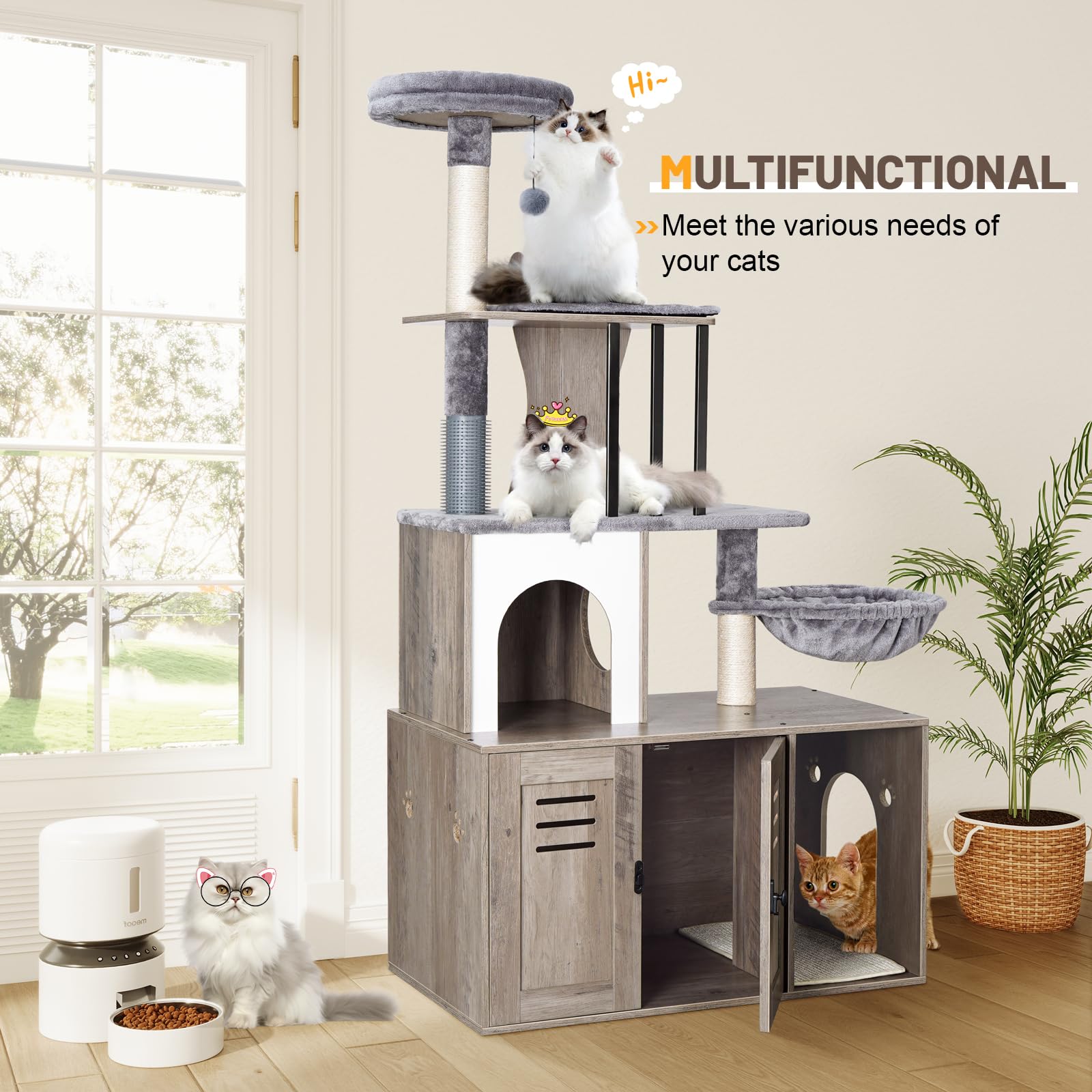 Snughome Cat Tree With Litter Box Enclosure Furniture, 2-In-1 Modern Cat Tower, 58.66 Wood Cat Condo With Scratching Post And Ha