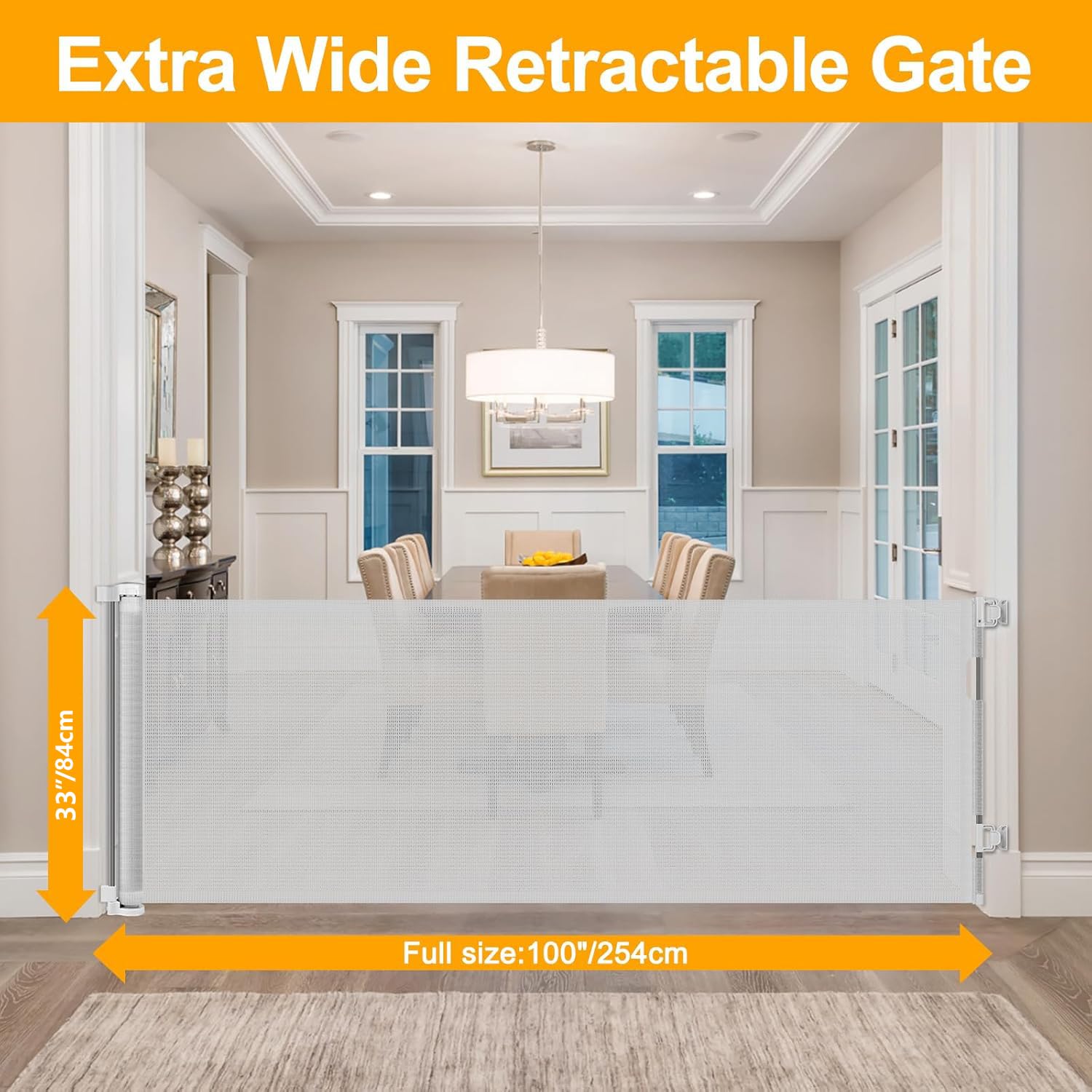 WOMHOM 100 Inch Extra Long Retractable Dog Gate - Extra Wide Baby & Toddler Gate, Light Grey