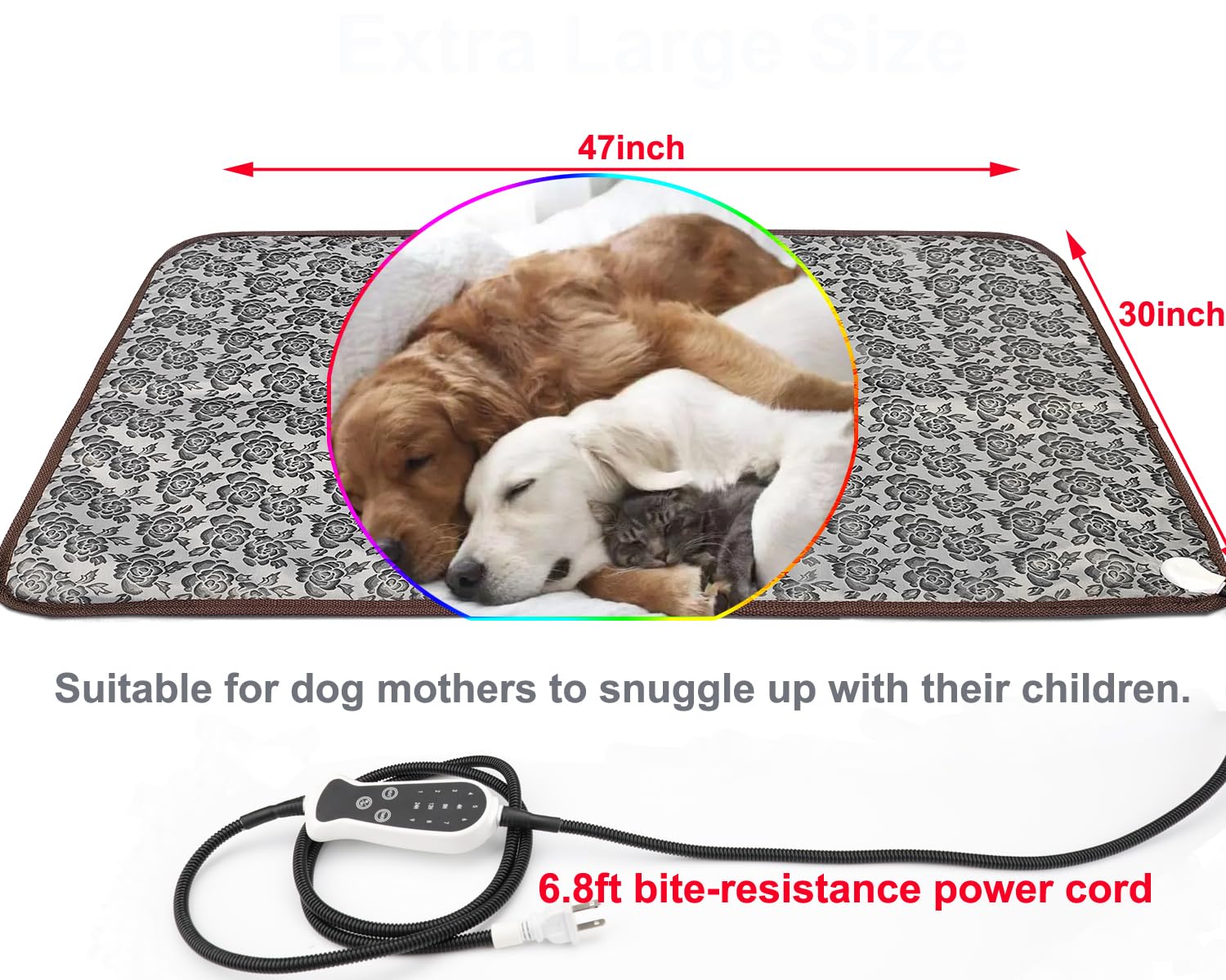 DEOMAN Pet Heating Pad, Extra Large 47x30 Inch, Grey, Waterproof, Smart Timer, Durable Material, Model BHD-800