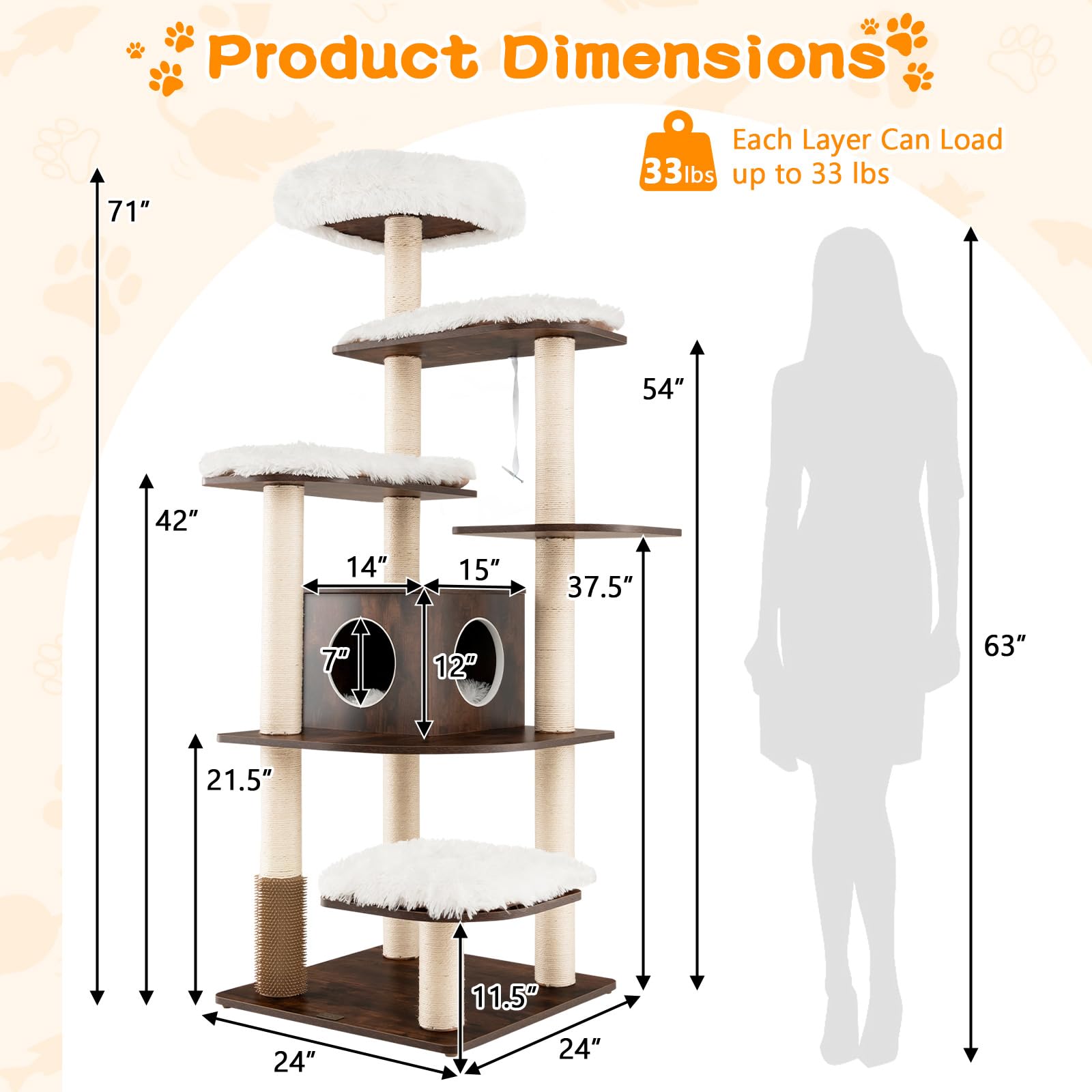 Tangkula Tall Cat Tree, 71-Inch Cat Tower With Multi-Layer Platform, Modern Wood Cat Tree With Sisal Scratching Posts, Self Groomer, Cat Condo, Washable Cushions For Large Cats 20 Lbs Heavy Duty