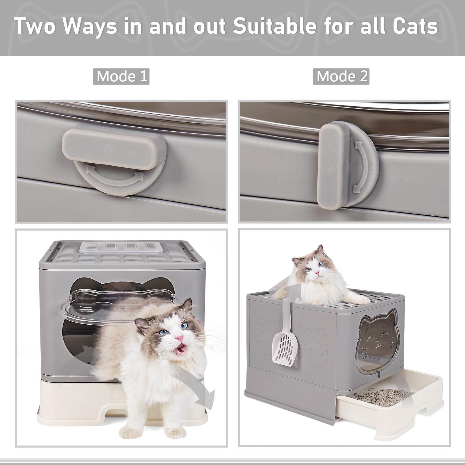 HelloMiao Extra Large Fully Enclosed Litter Box, Foldable Cat Toilet with Lid, Drawer Type, Polypropylene, Upgray+Mat, Model MSP-03