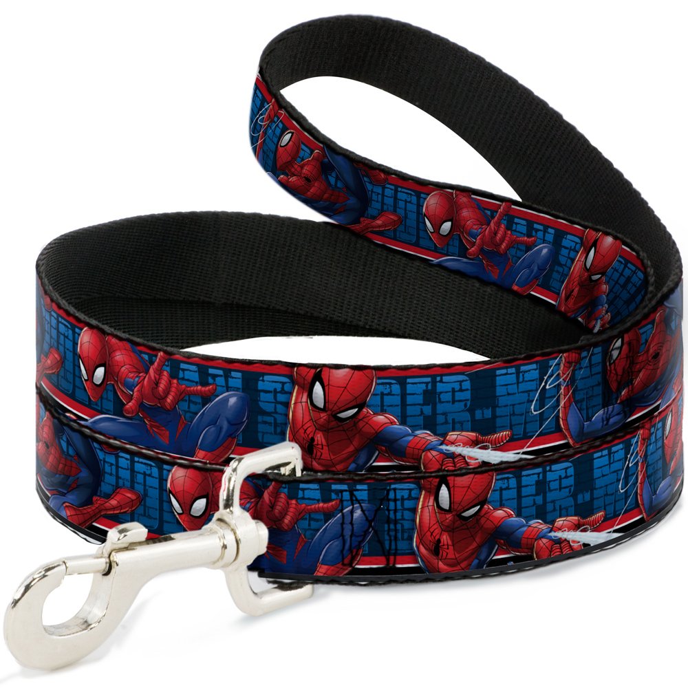 Dog Leash Spider Man 3 Action Poses Bricks Stripe Blues Red White 6 Feet Long 1.0 Inch Wide