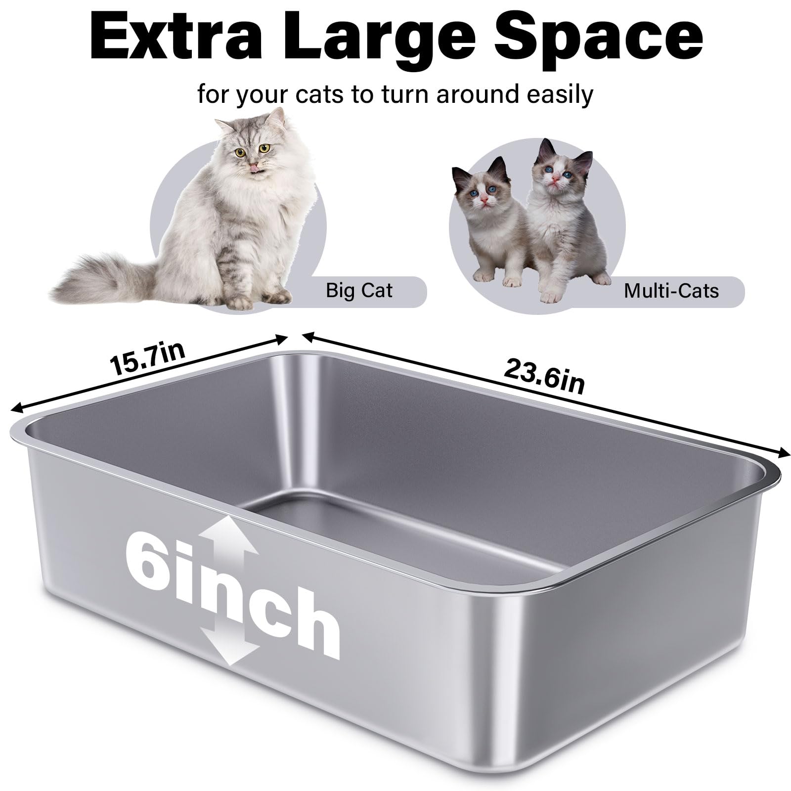 Holintan Stainless Steel Litter Box 2 Pack, 23.6'' X 15.7'' X 6'' Steel Litter Box Xl No Smell, Extra Large Metal Litterbox For