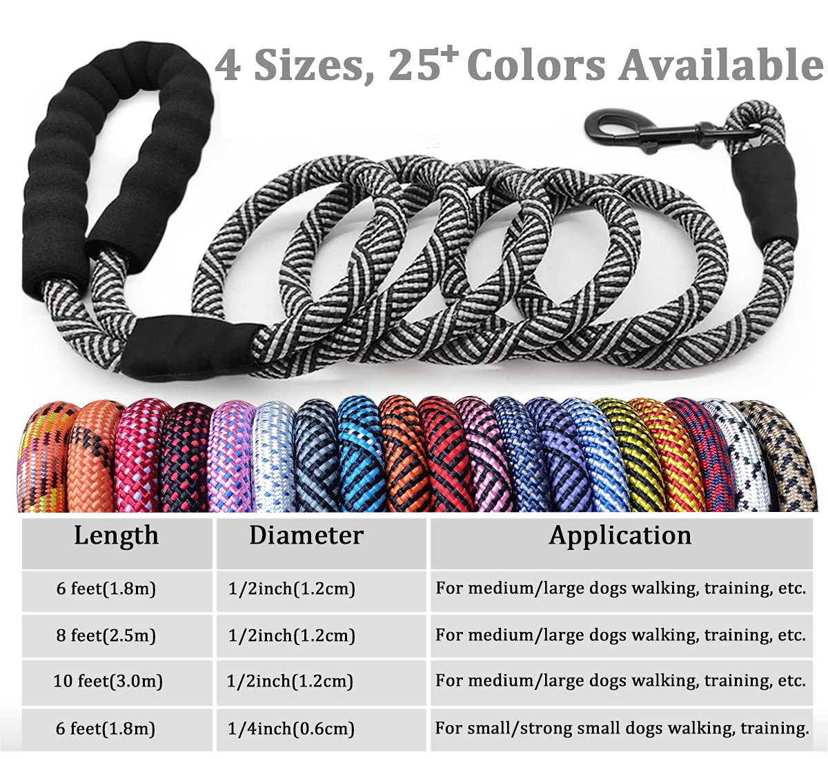 Maypaw Heavy Duty Rope Dog Leash, 3/4/5/6/8/10/12/15 Ft Nylon Pet Leash, Soft Padded Handle Thick Lead Leash For Large Medium Do