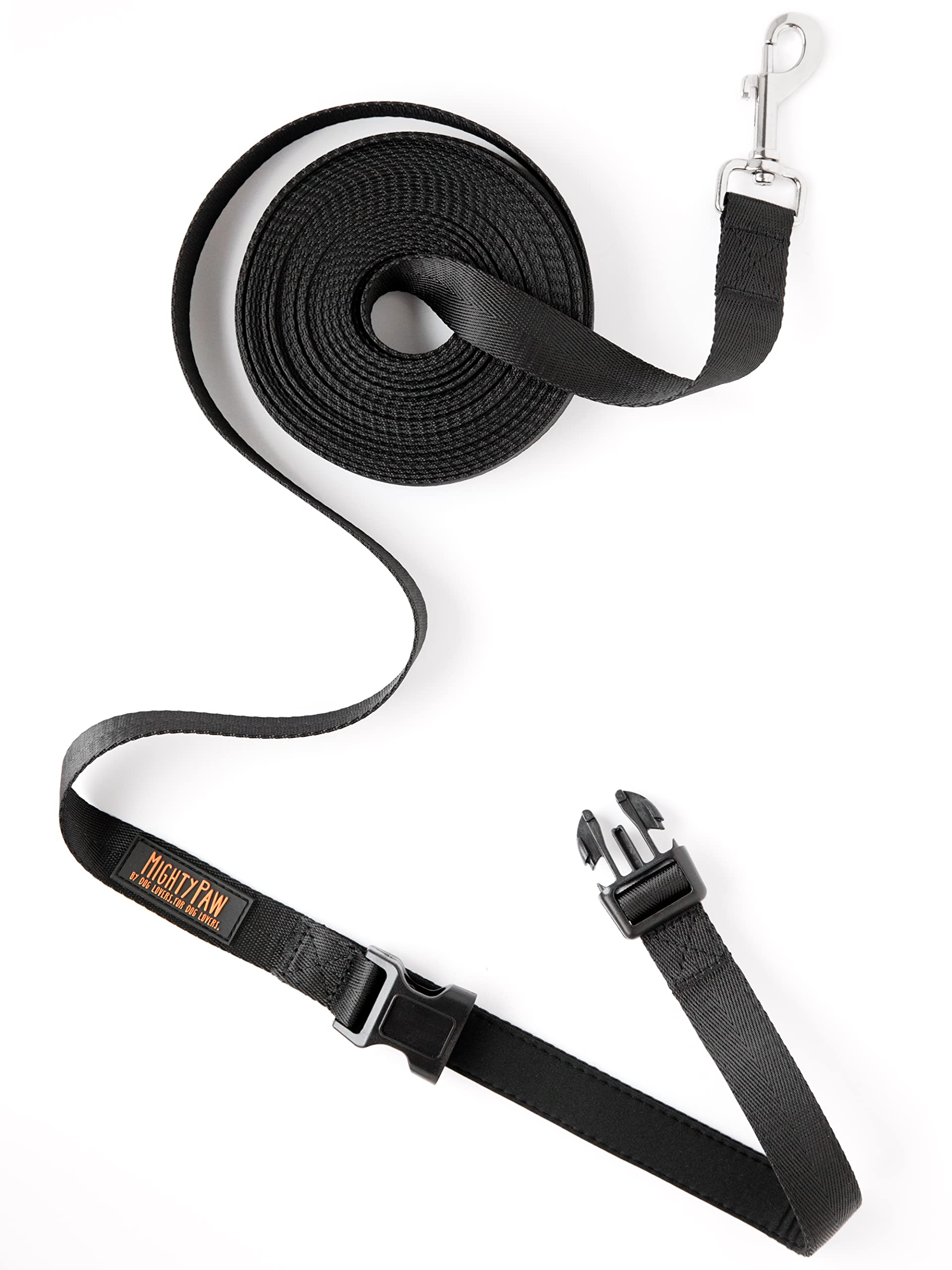 Mighty Paw Long Dog Leash - Premium Leash For Off-Leash Recall Training - Includes Buckled Padded Handle - Suitable For Yard - Pet Yard Leash - Camping And Dog Lead Training - (30 Feet, Black)