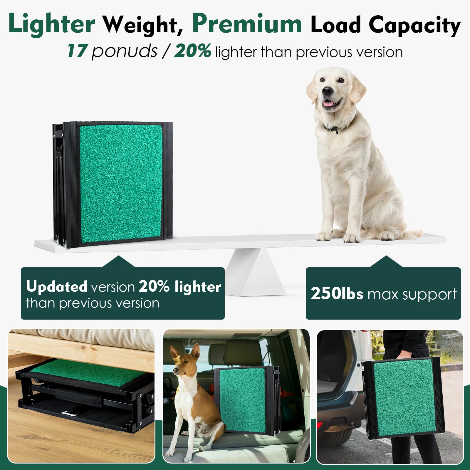 Furggis Dog Car Ramp - 71" Max Length, 20" Width, Foldable, Non-Slip, Green - Ideal for Large Dogs Up to 250lbs, Fits Cars,