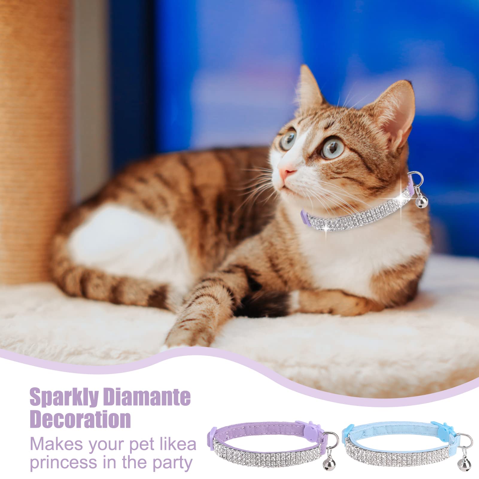 Expawlorer Soft Velvet Safe Cat Collars For Girl Cats -2 Pack Rhinestones Bling Diamante Adjustable Collars Breakaway- Chirstmas Cat Clollar Gifts With Bells For Boy Cats Kitty And Small Dogs