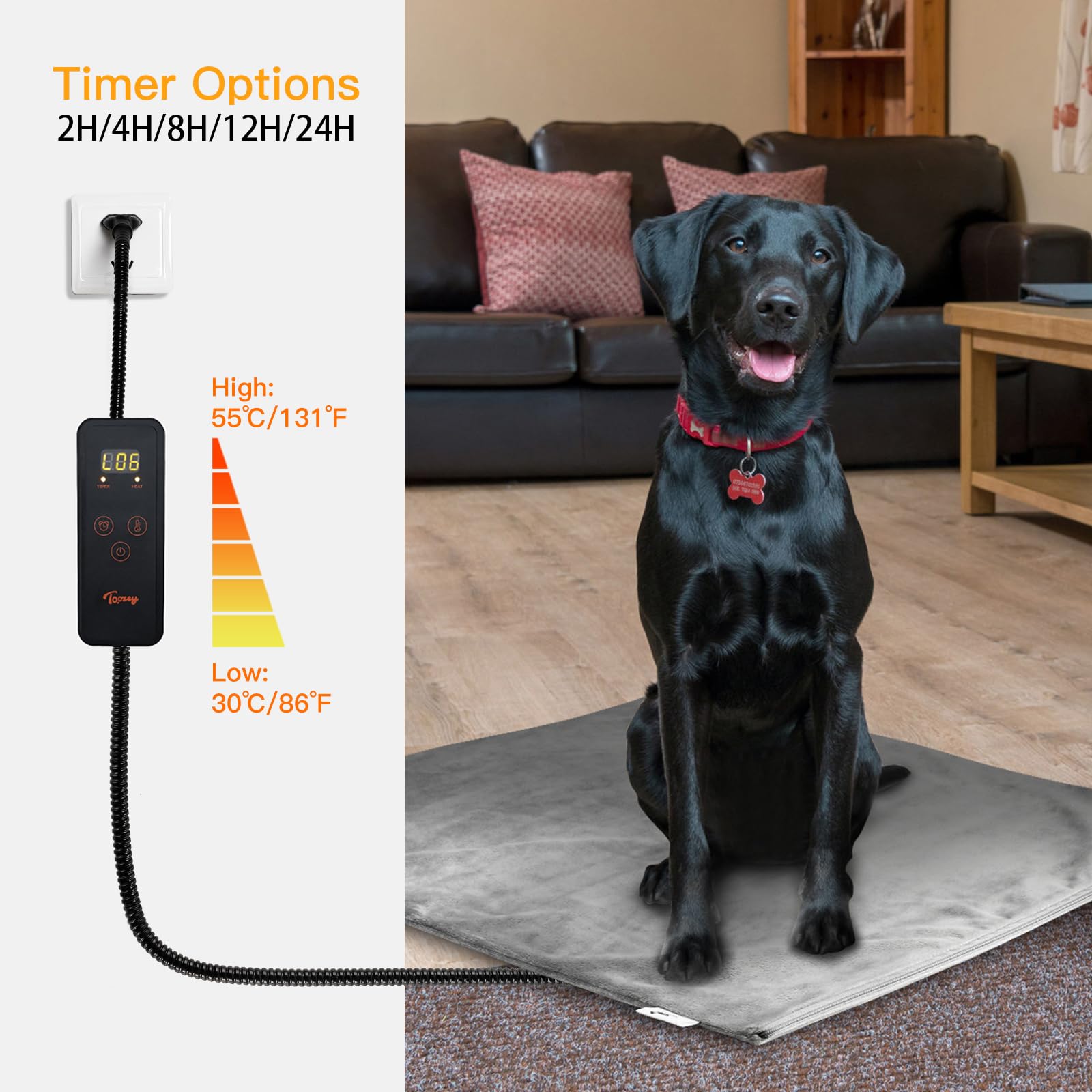 Toozey Pet Heating Pad, 28x20, 6 Adjustable Temperatures, Waterproof, Chew Resistant Cord, Electric Heated Bed for Dogs & Cats - Grey