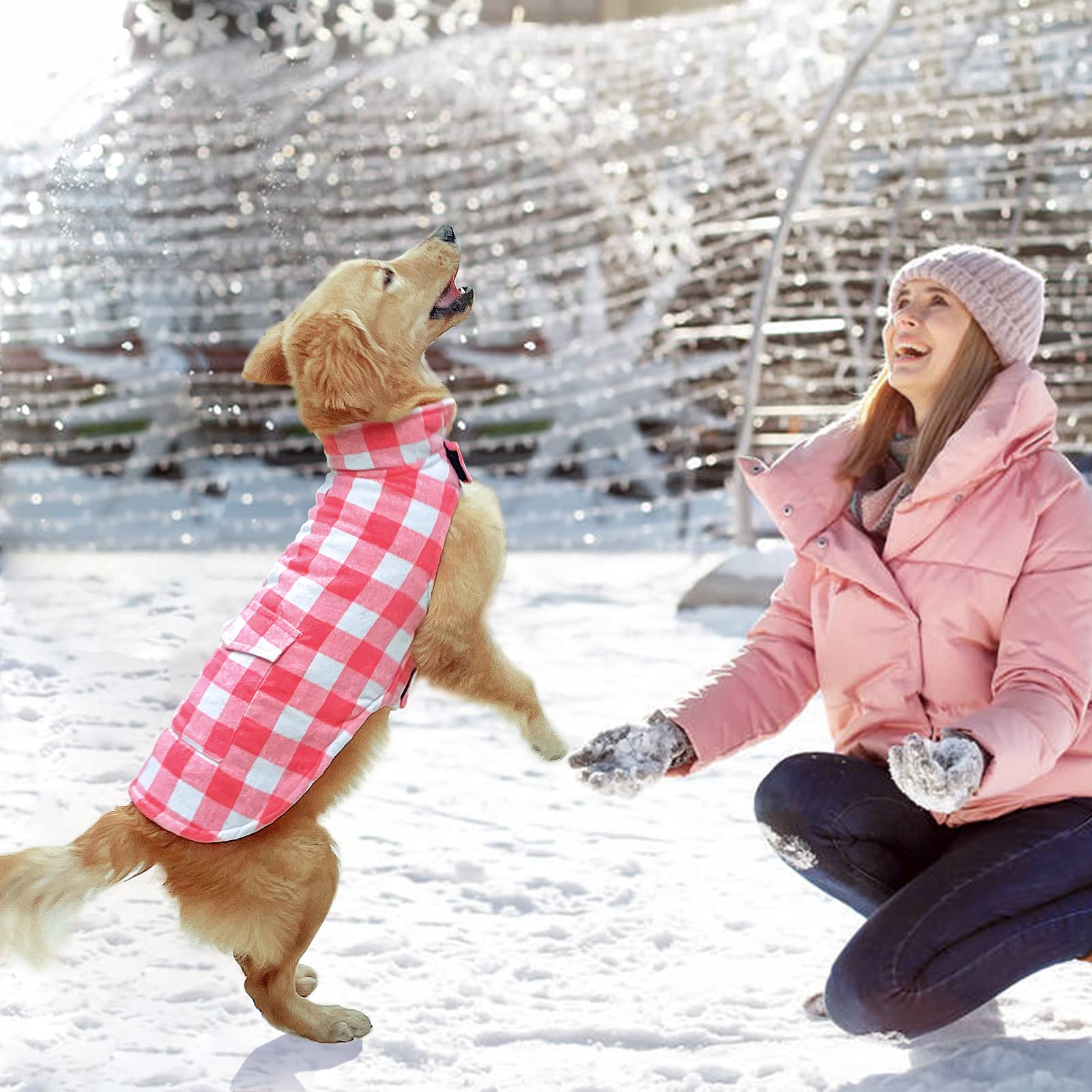 Malier Dog Winter Coat, Classic Plaid Fleece, Warm Vest for Large Dogs, Pink
