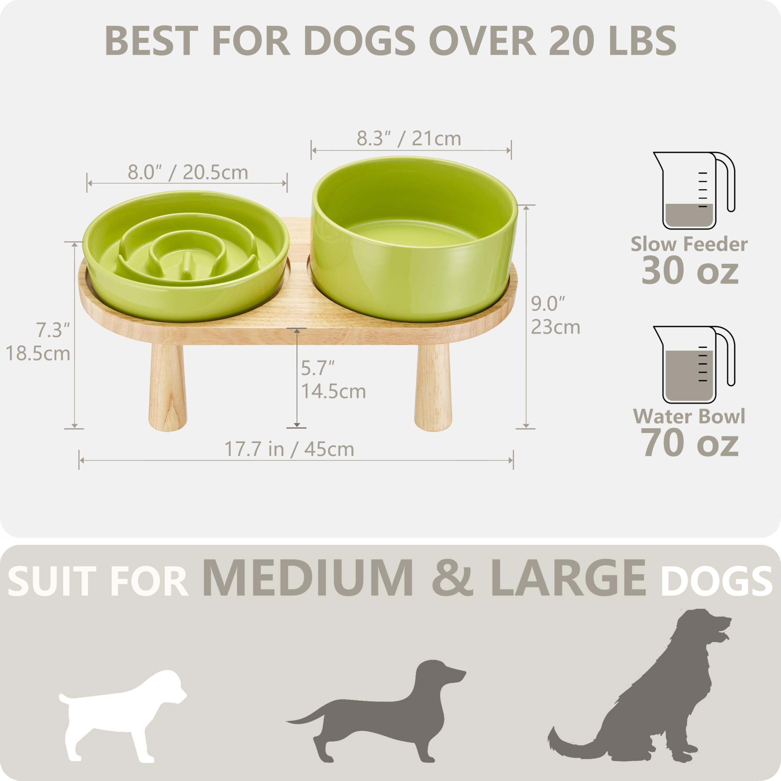 MOPANG Ceramic Slow Feeder and Water Bowl Set for Medium/Large Dogs, 30oz & 70oz, Elevated Wooden Stand, Green