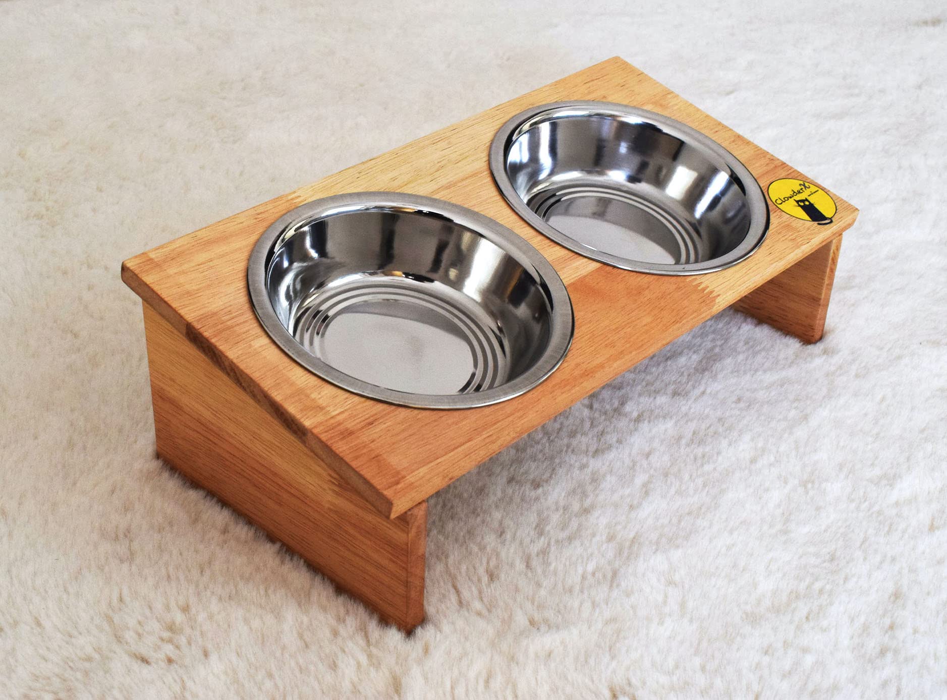 Clowderx Premium Pet Feeding Bowls For Cats | 2 Steel Bowls With Rubber Wood Stand | 300 Ml, Medium