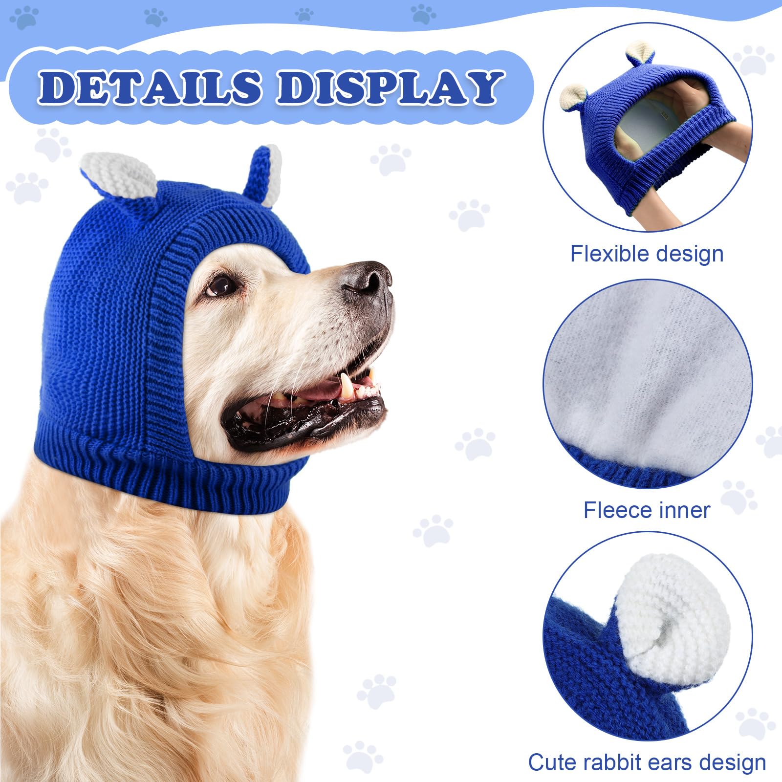 Quiet Ears For Dogs, Dog Ear Muffs Noise Protection Knitted Pet Ears Snood Head Wrap Hats For Medium To Large Cats Pets(Royal Bl